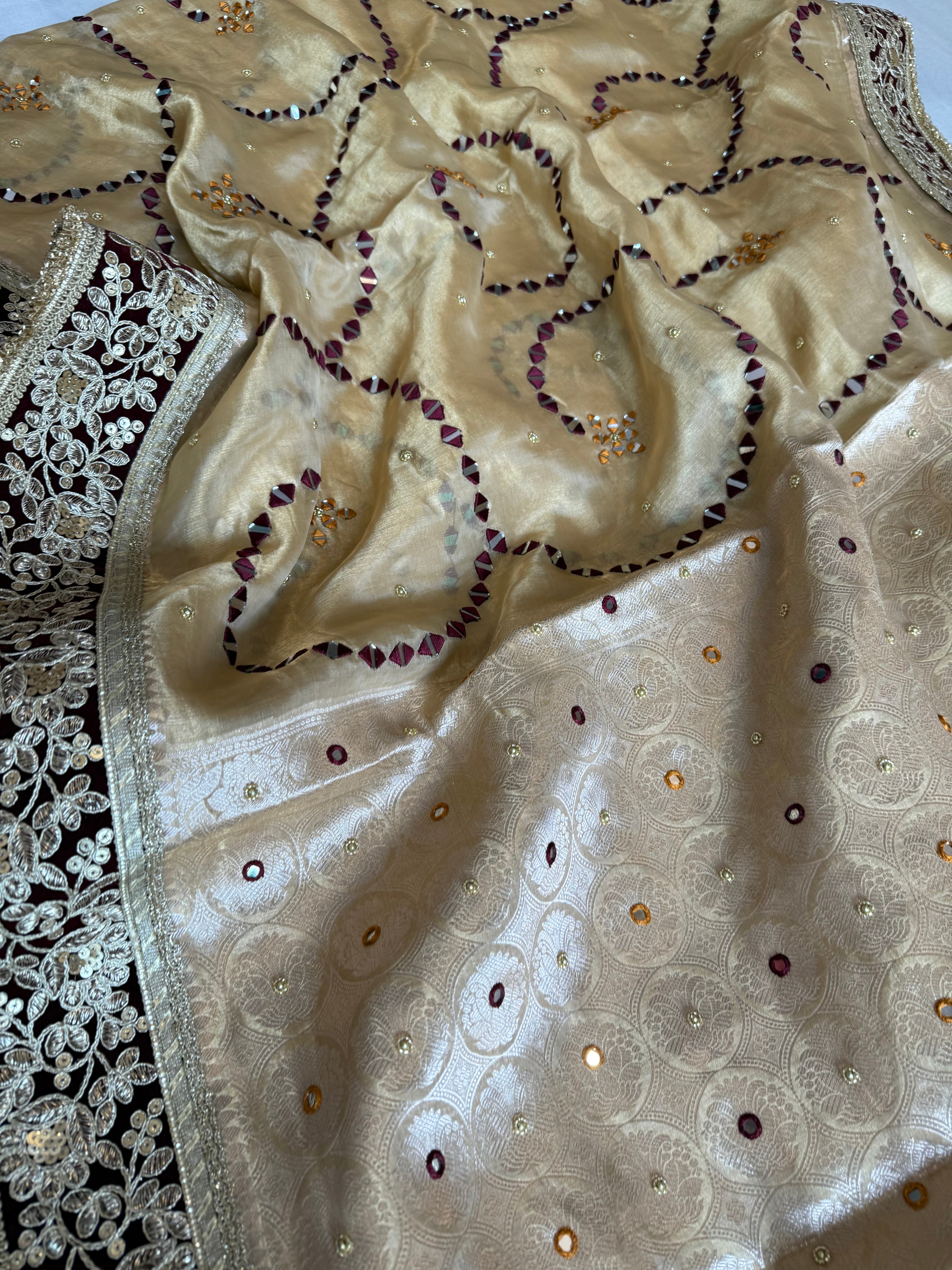 Sheesham edit - Heavy double tissue silk mirror work hand embroidered saree