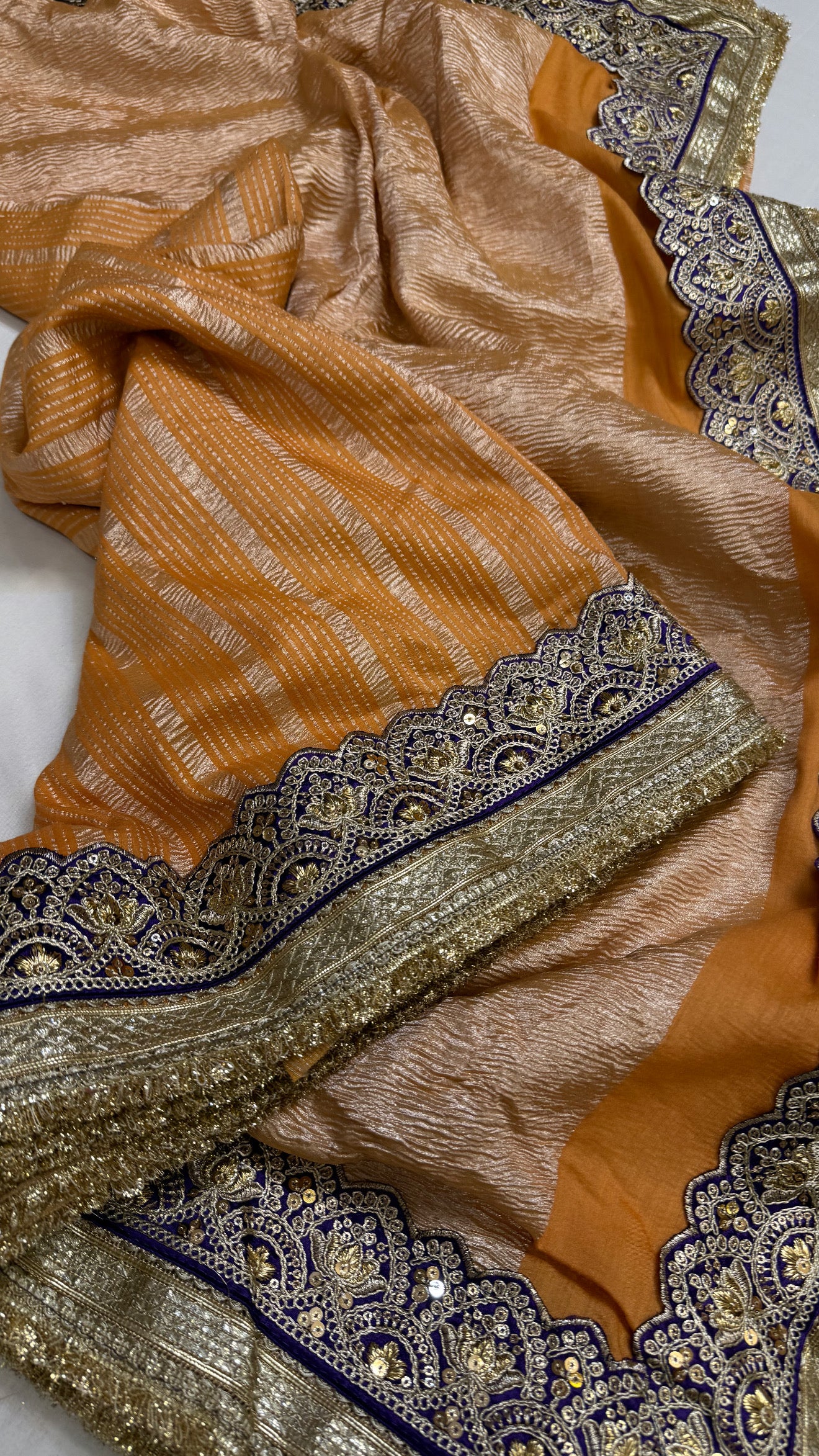 Moonga crushed tissue silk fanta orange tissue silk sares