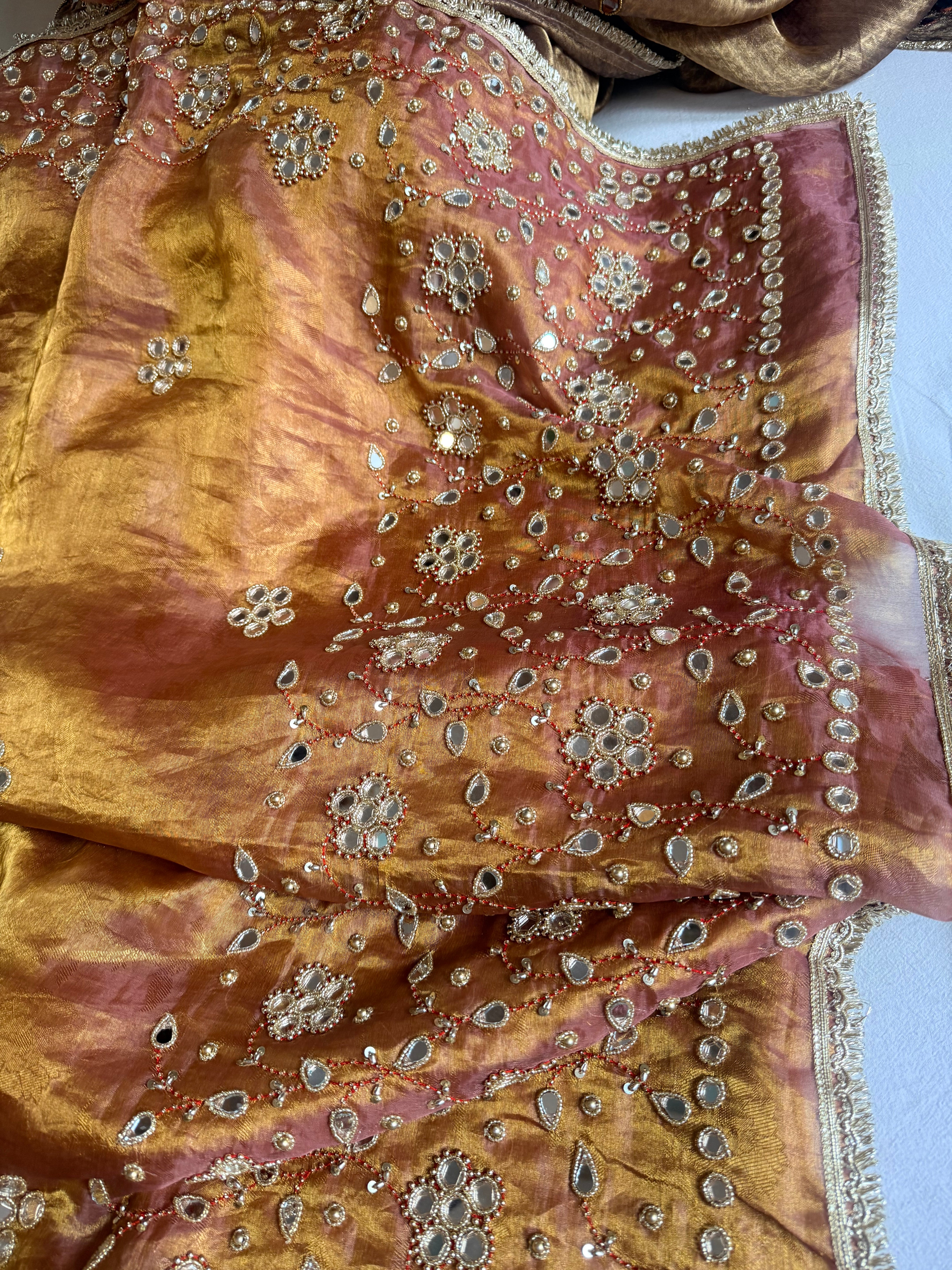 Molten pink tissue silk mirrorwork hand embroidered saree