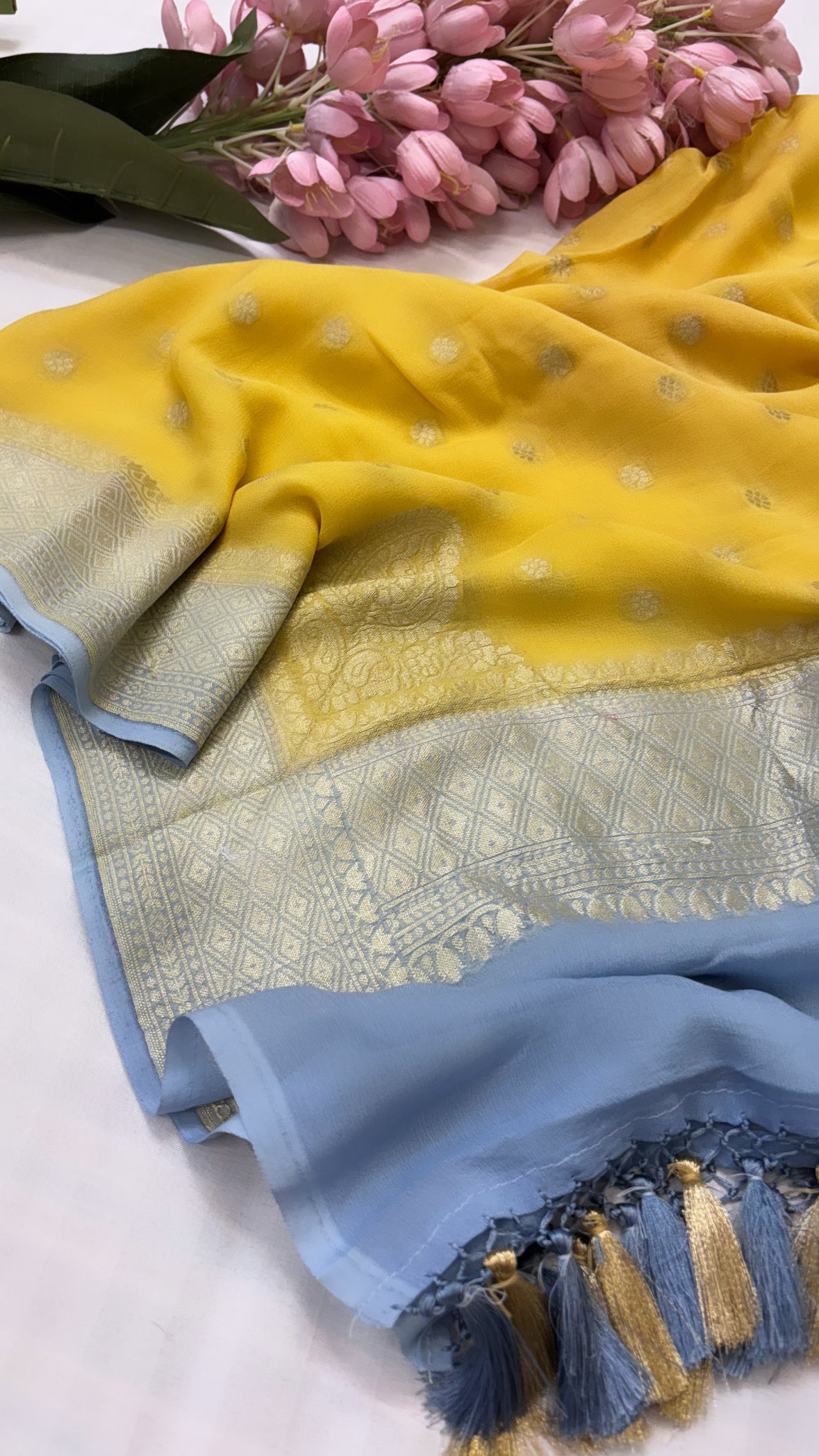 Banarasi gorgette mustard-ice blue contrast duppata