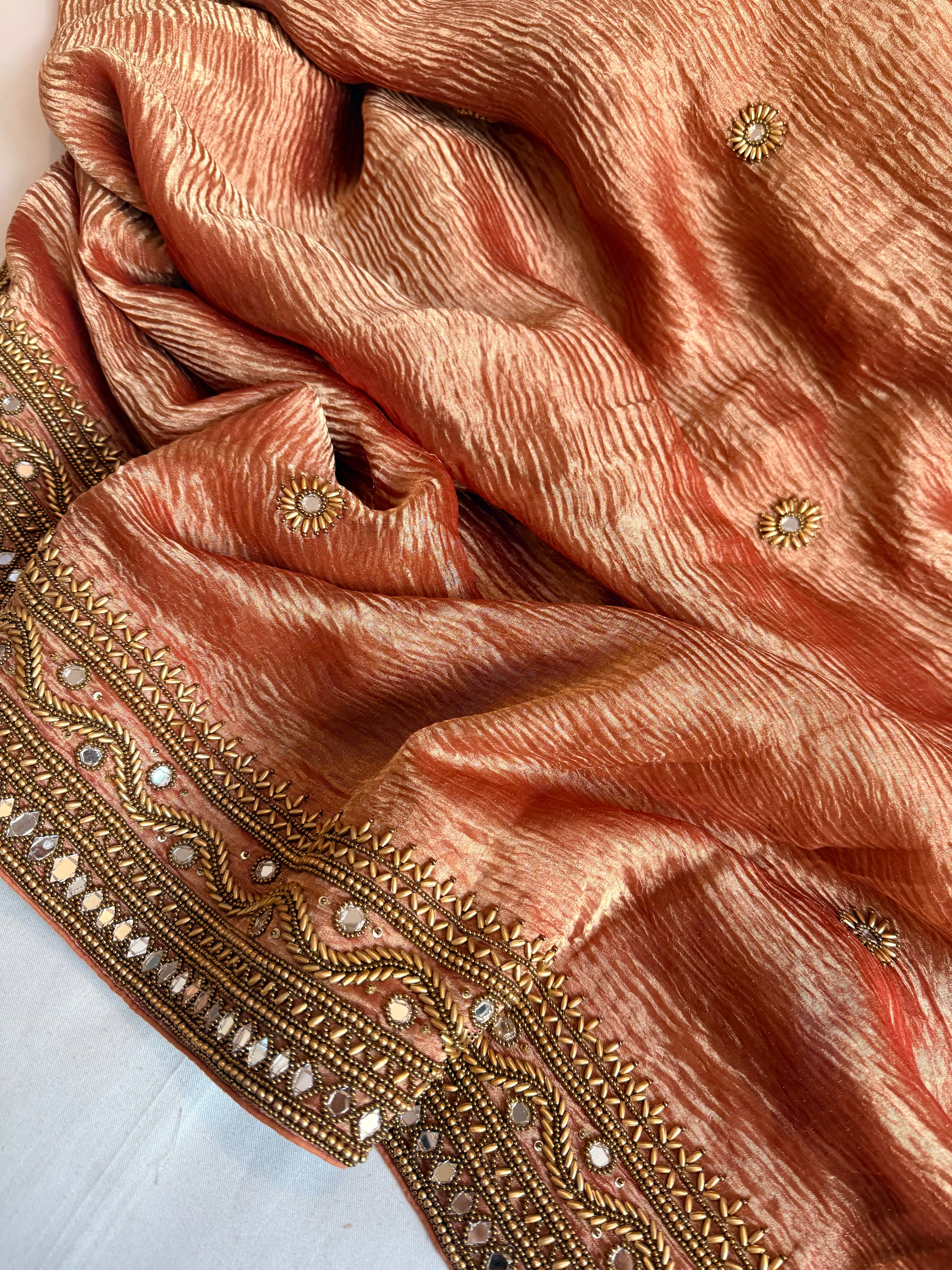Rajkumari gajri crushed tissue silk hand embroidered kadhwa saree