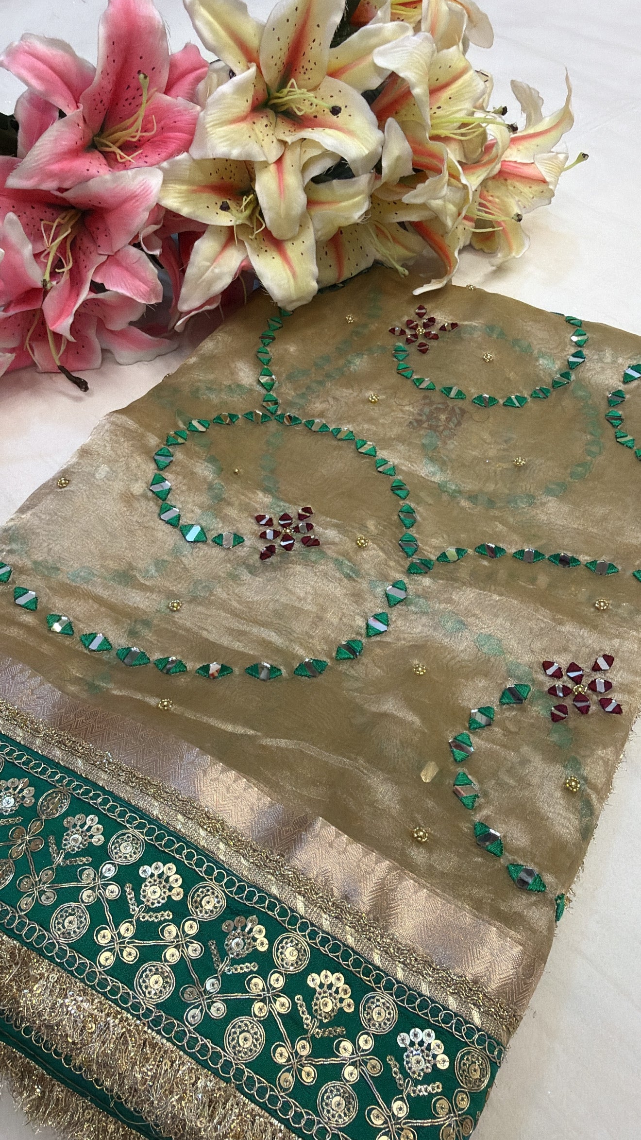 Champagne gold with green mirror work husn tissue silk hand embroidered kadhwa saree