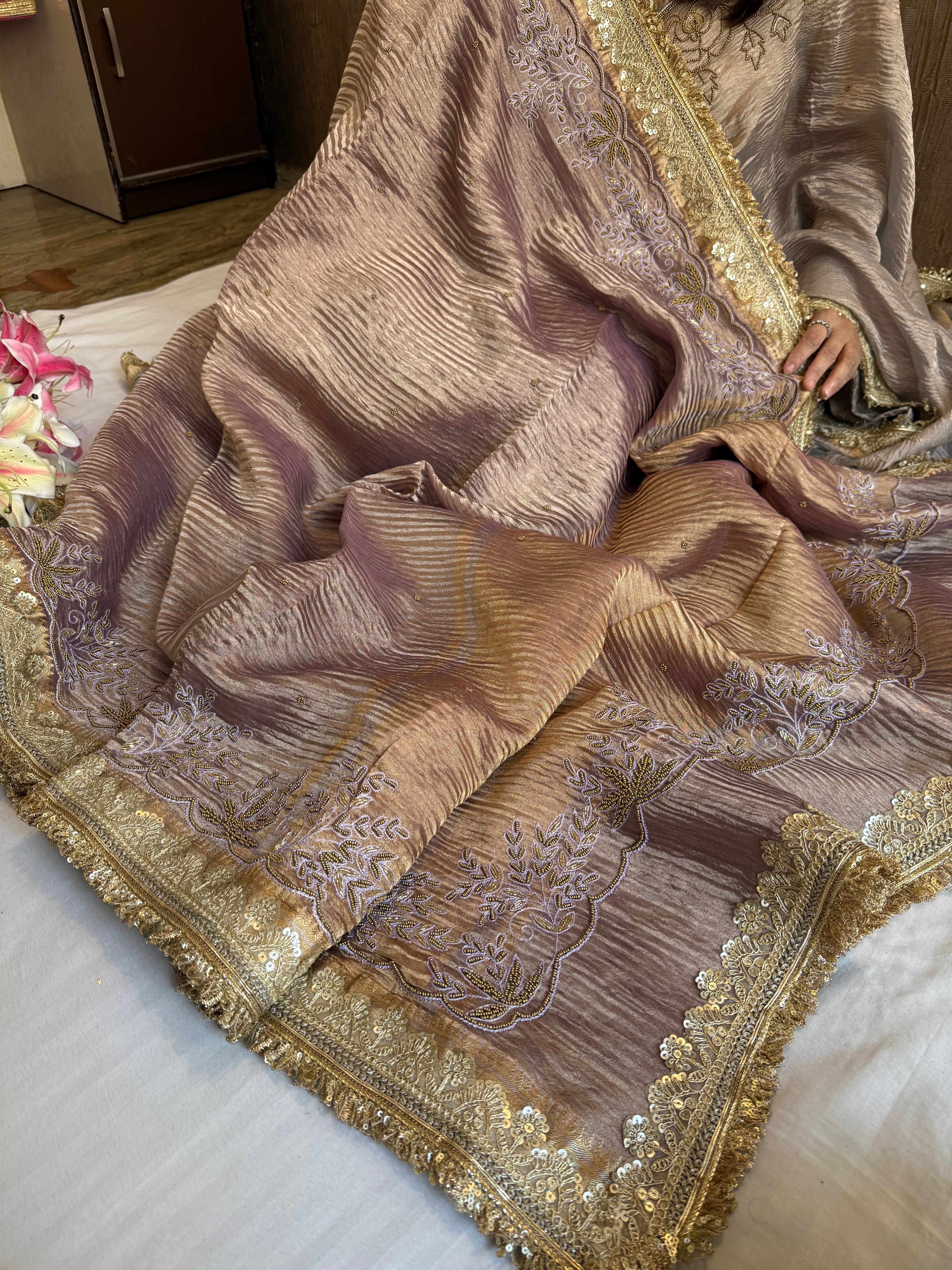 Blush lavender husn crushed tissue silk hand embroidered saree