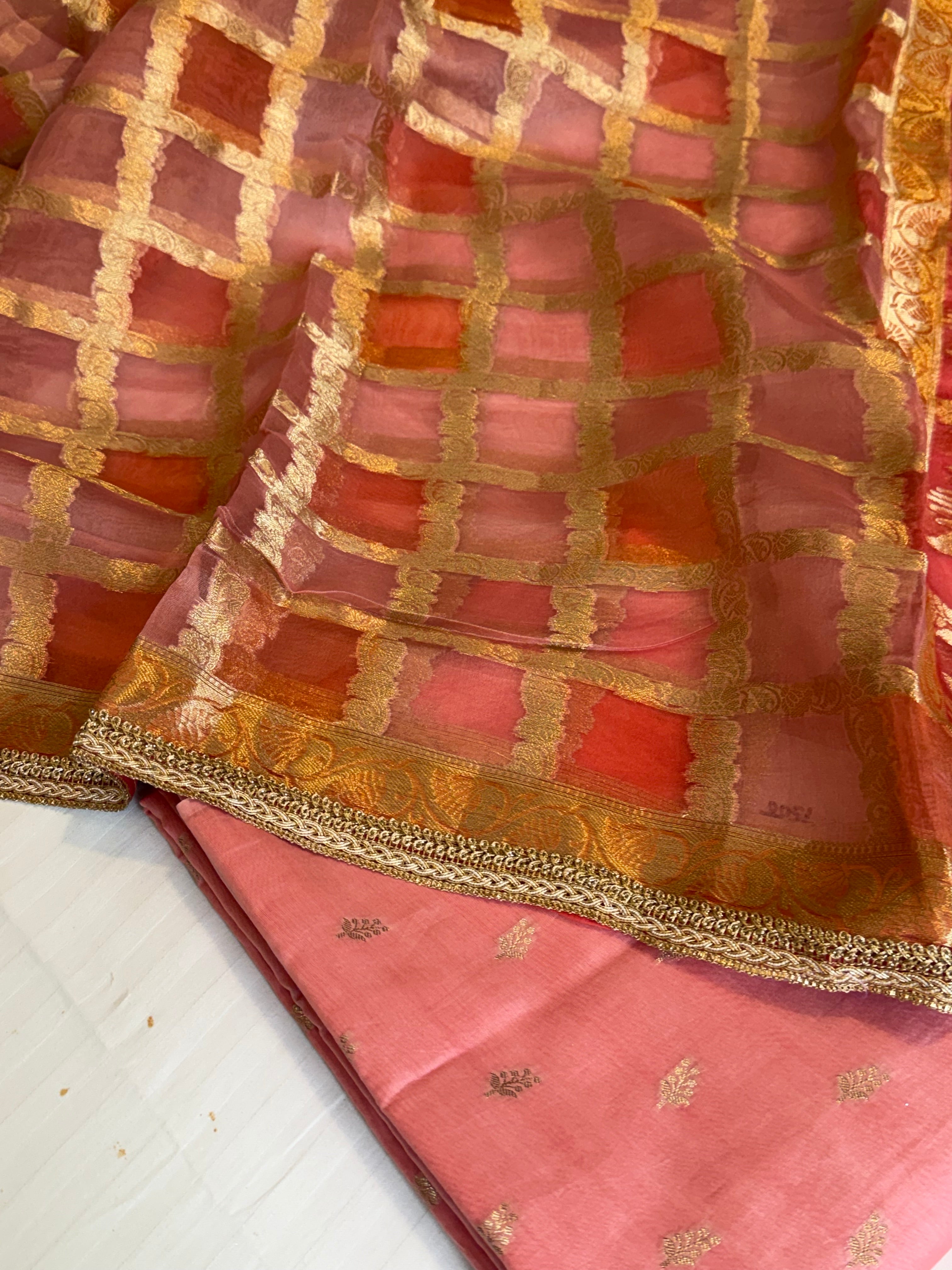 Shades of peach - Kora silk rangkaat kadhwa duppata paired silk kurta set