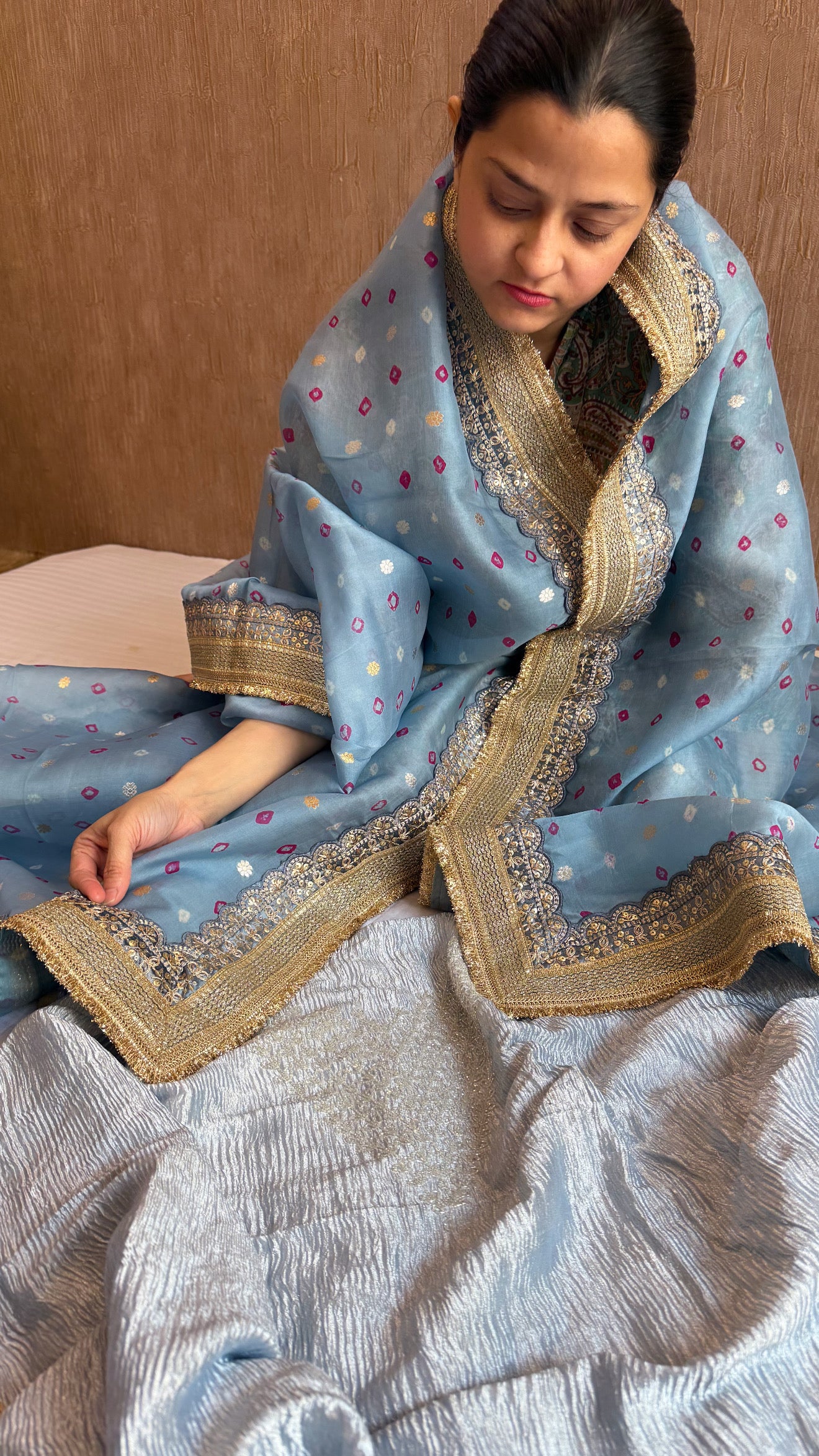 Ice grey diamond tissue crushed silk hand embroidered suit set