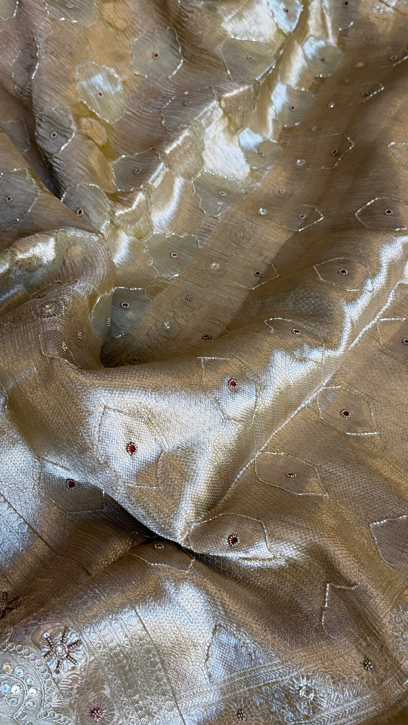 Mughalai jaal crushed tissue silk hand embroidered kadhwa dusty golden saree