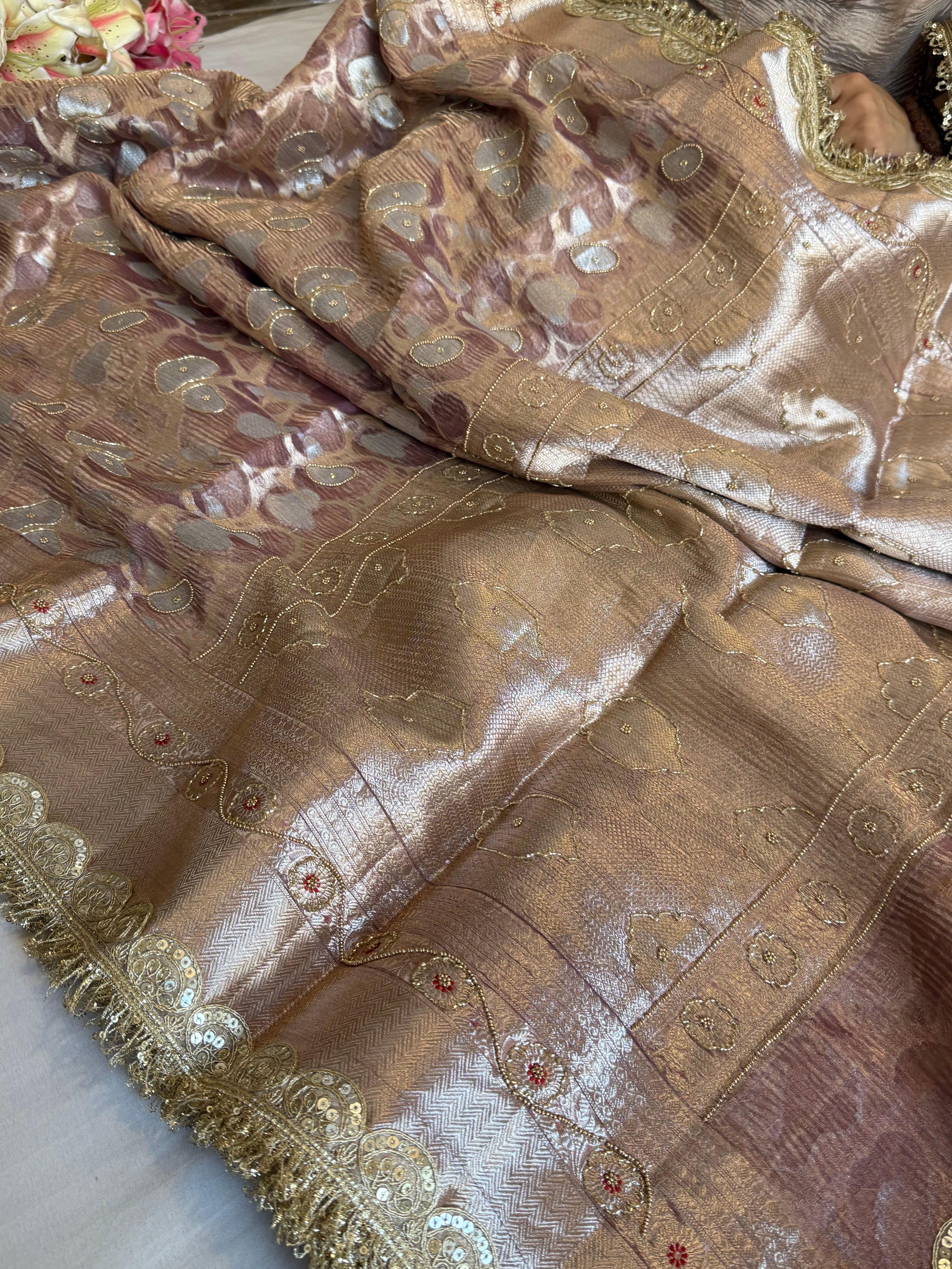 Mehfil sona rupa crushed tissue silk hand embroidered kadhwa saree
