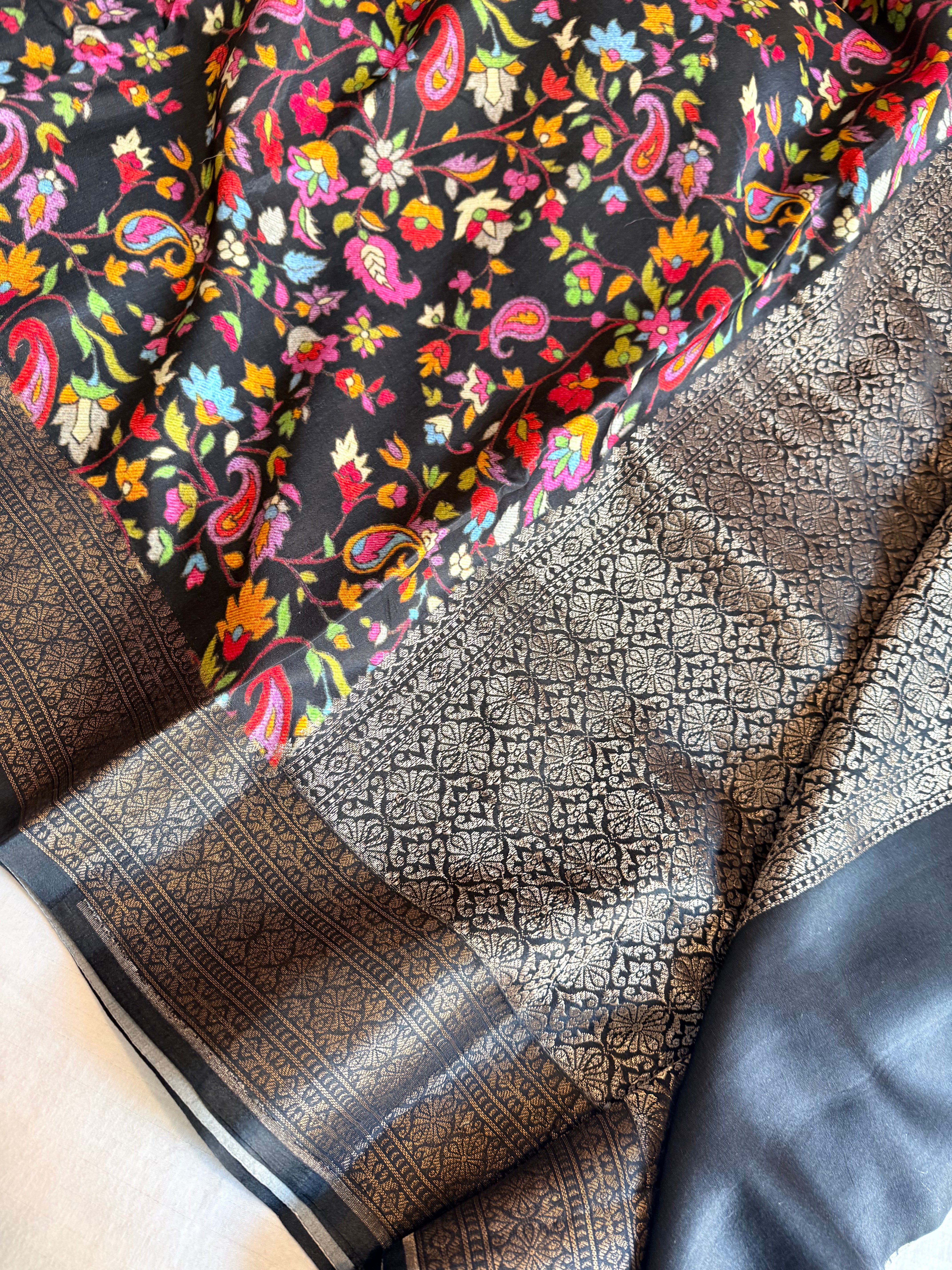 Banarasi mashru satin silk kani weaving printed black saree