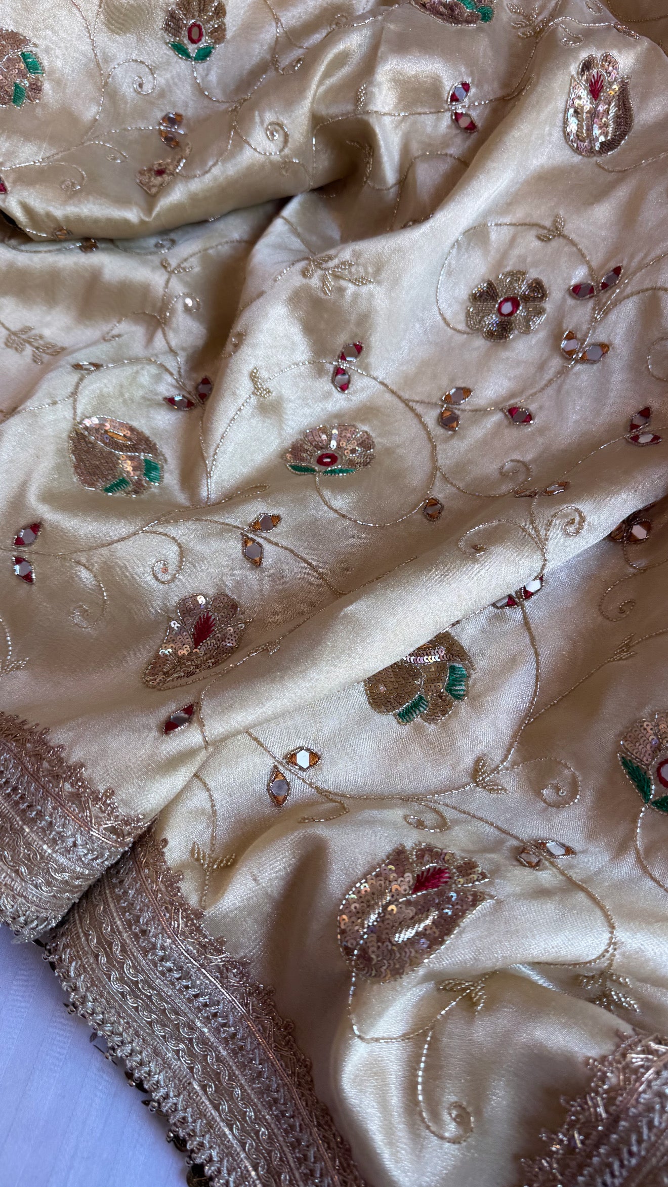 Mirror work edit - Tussar gold heavy mirror work jaal hand embroidered saree