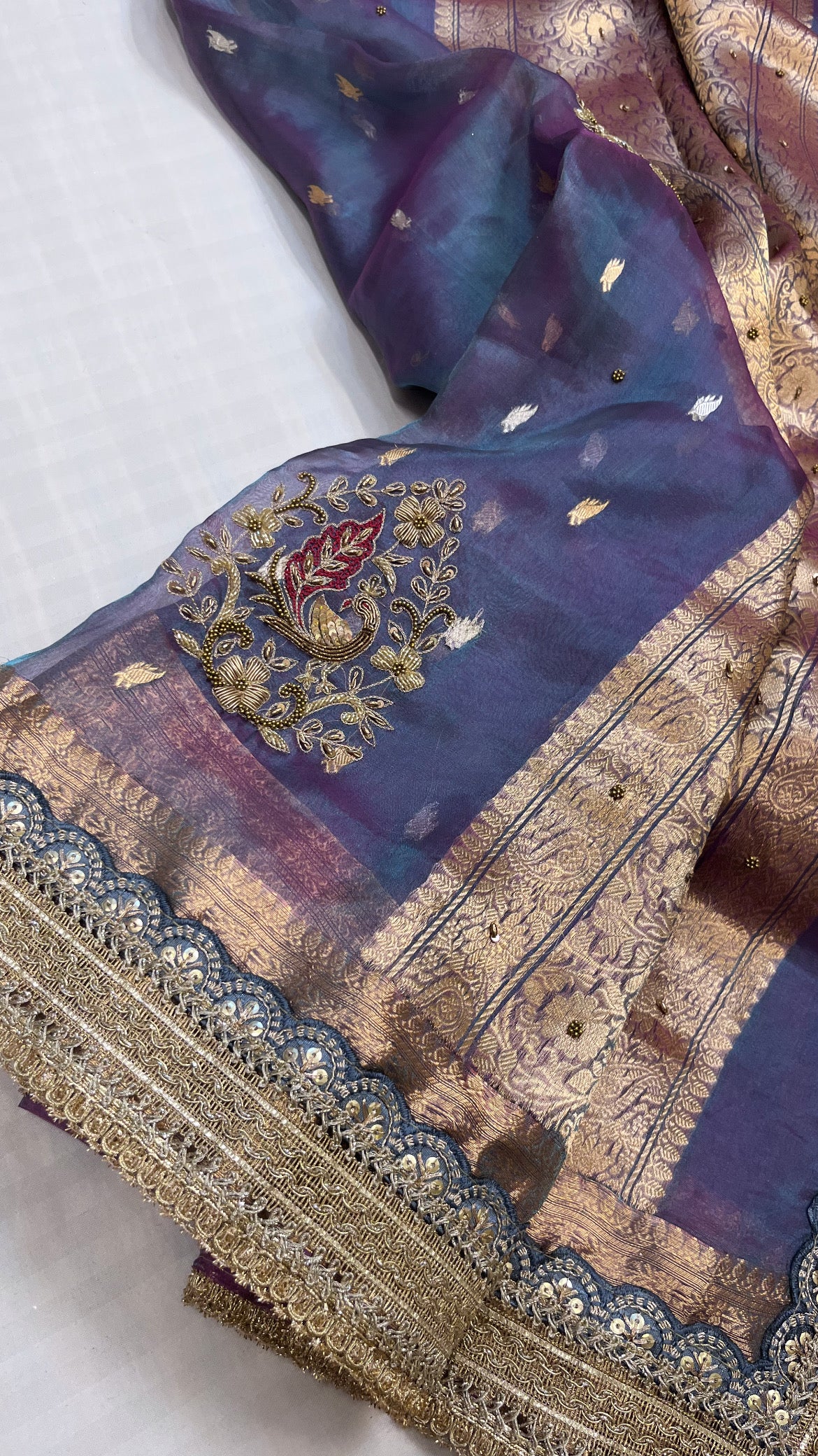 Husn midnight purple tissue silk hand embroidered saree