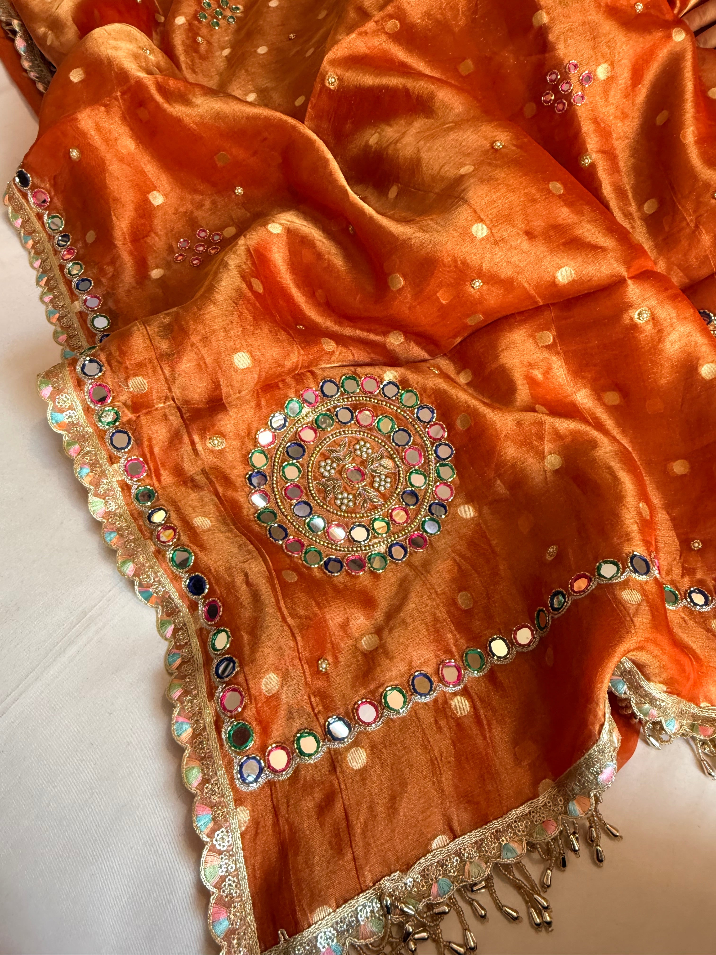 Fanta orange tissue silk meenakari mirror work hand embroidered saree
