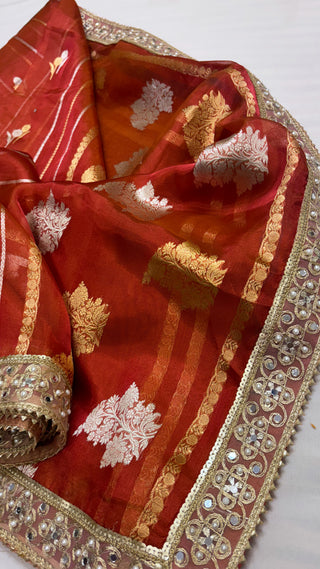 Maharani tomato deep red tissue silk kadhwa buti saree