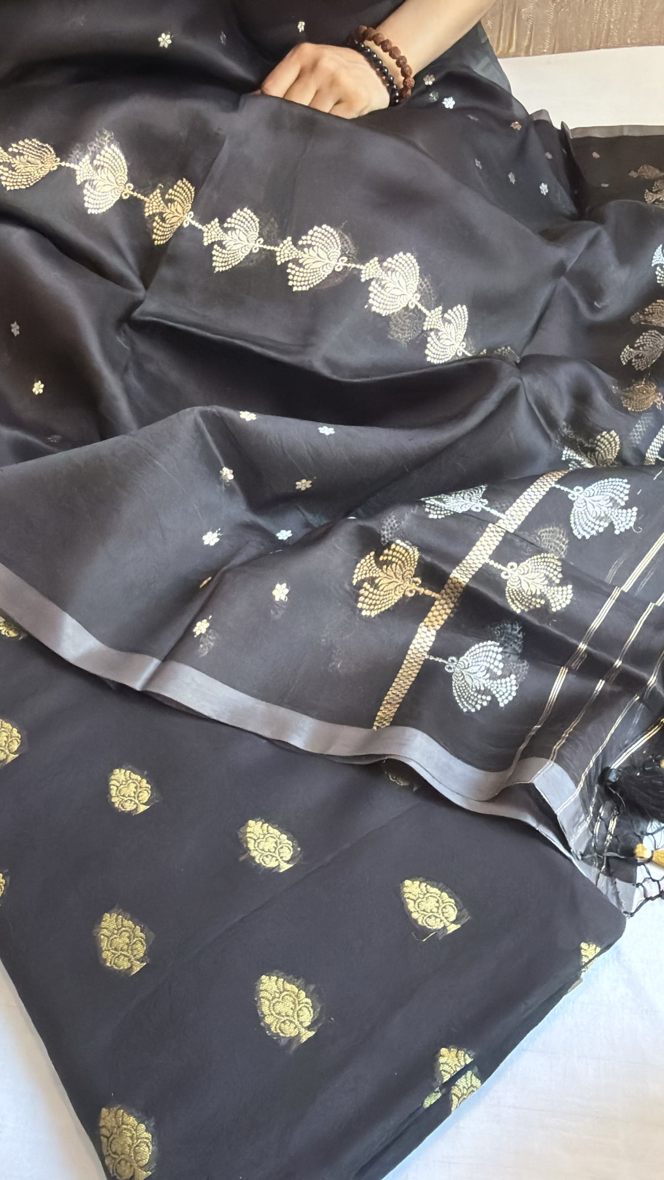 Charcoal black banarasi moonga silk kadhwa suit set