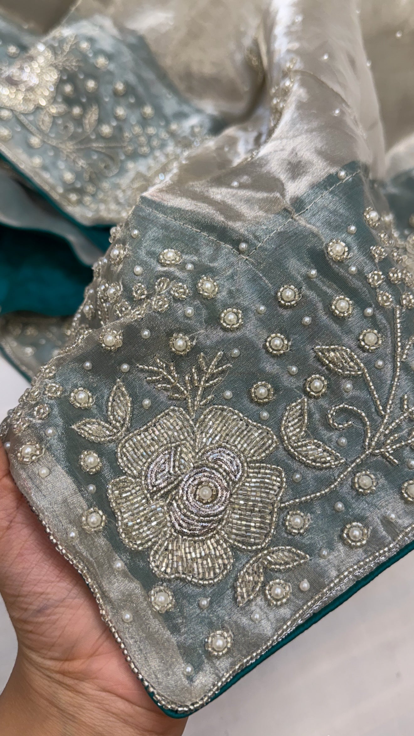 Heere aur moti edit - Ivory diamond tissue silk pearl work heavy hand embroidered saree