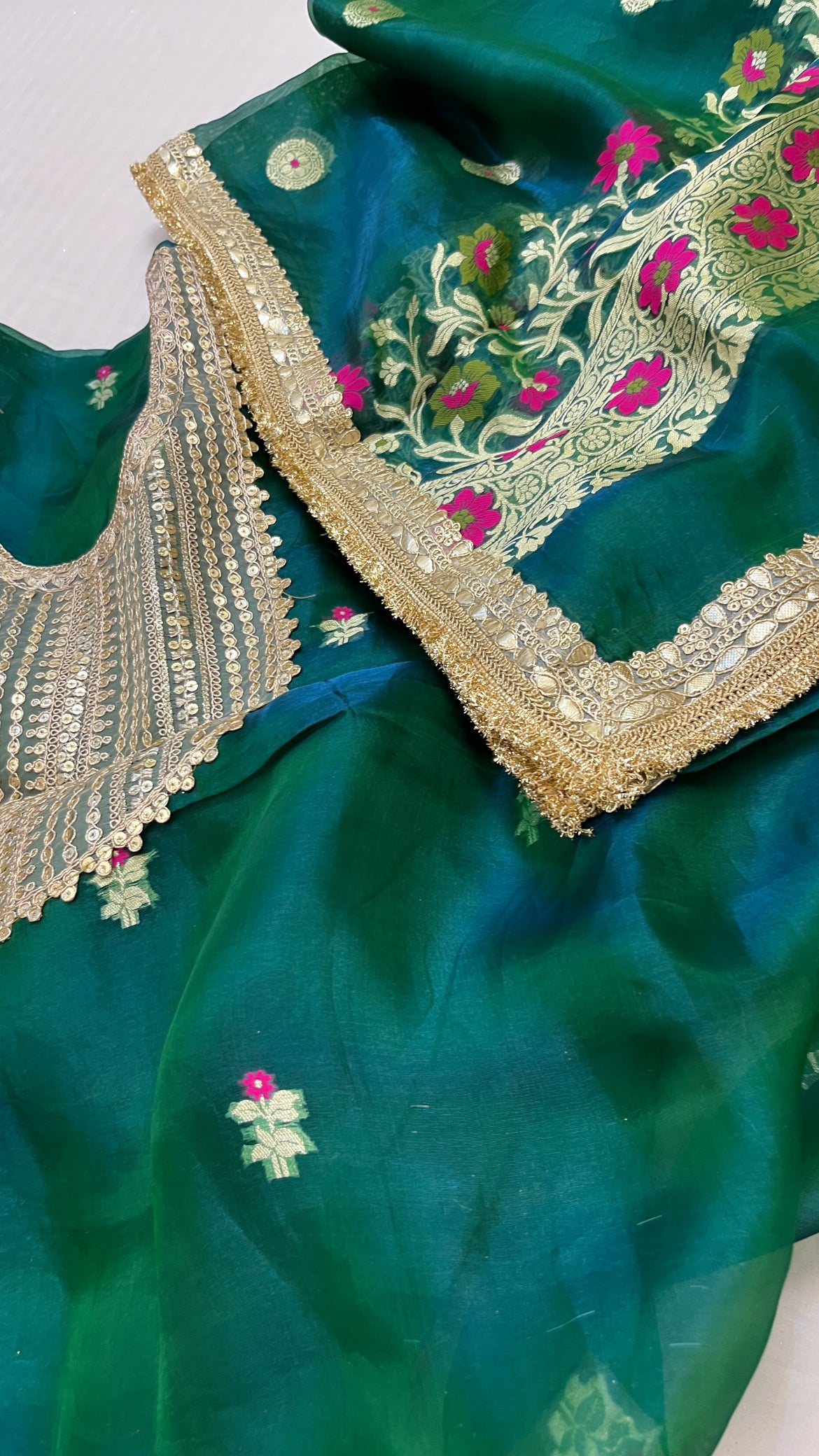 Heeramandi peacock greenish-blue dhup chao effect tissue silk meenakari suit set