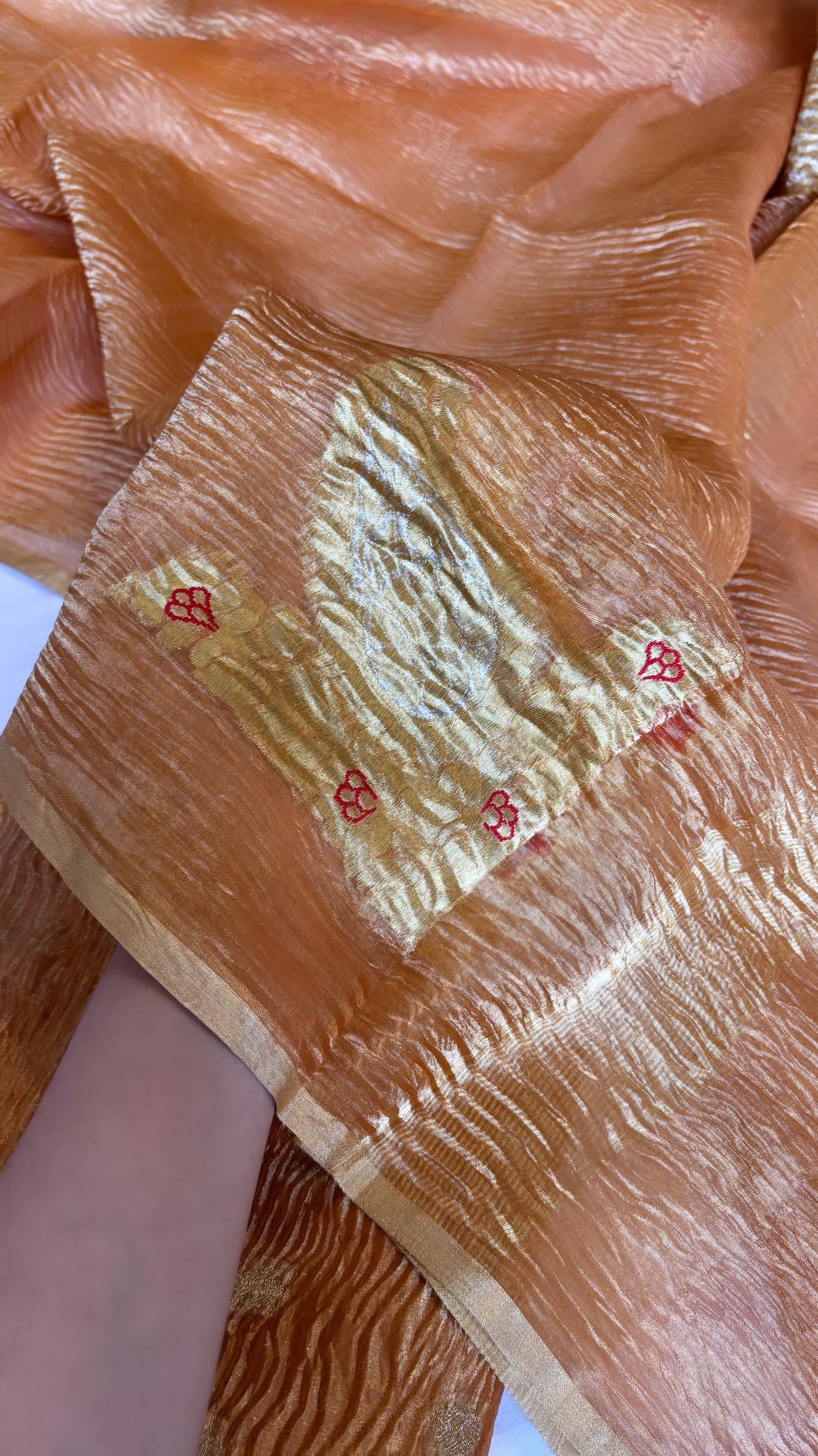 Pure banarasi peachish-orange crushed tiisue silk kadhwa sona rupa meenedar buti three piece suit set