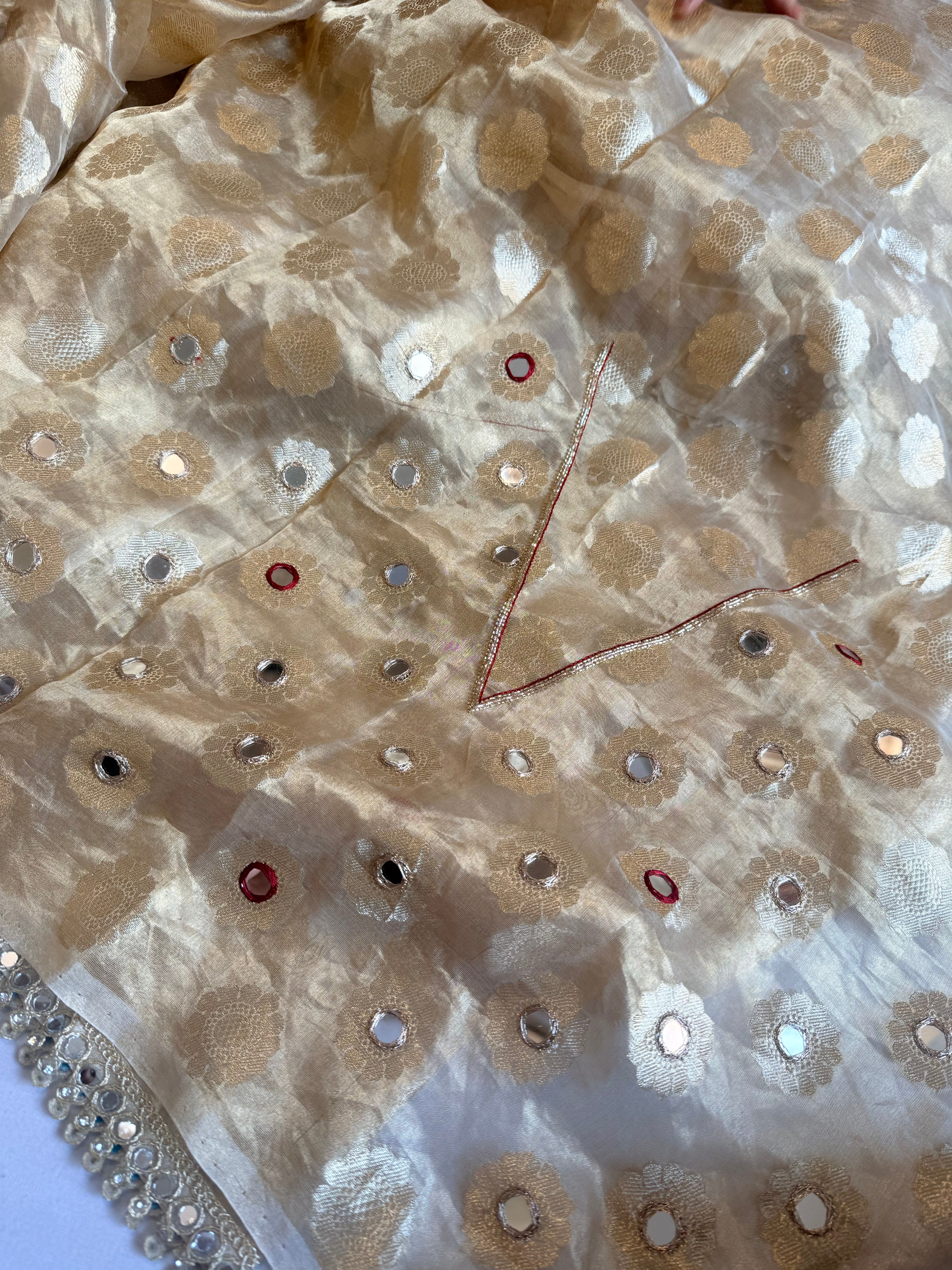 Butter gold tissue silk hand embroidered mirror work kadhwa saree
