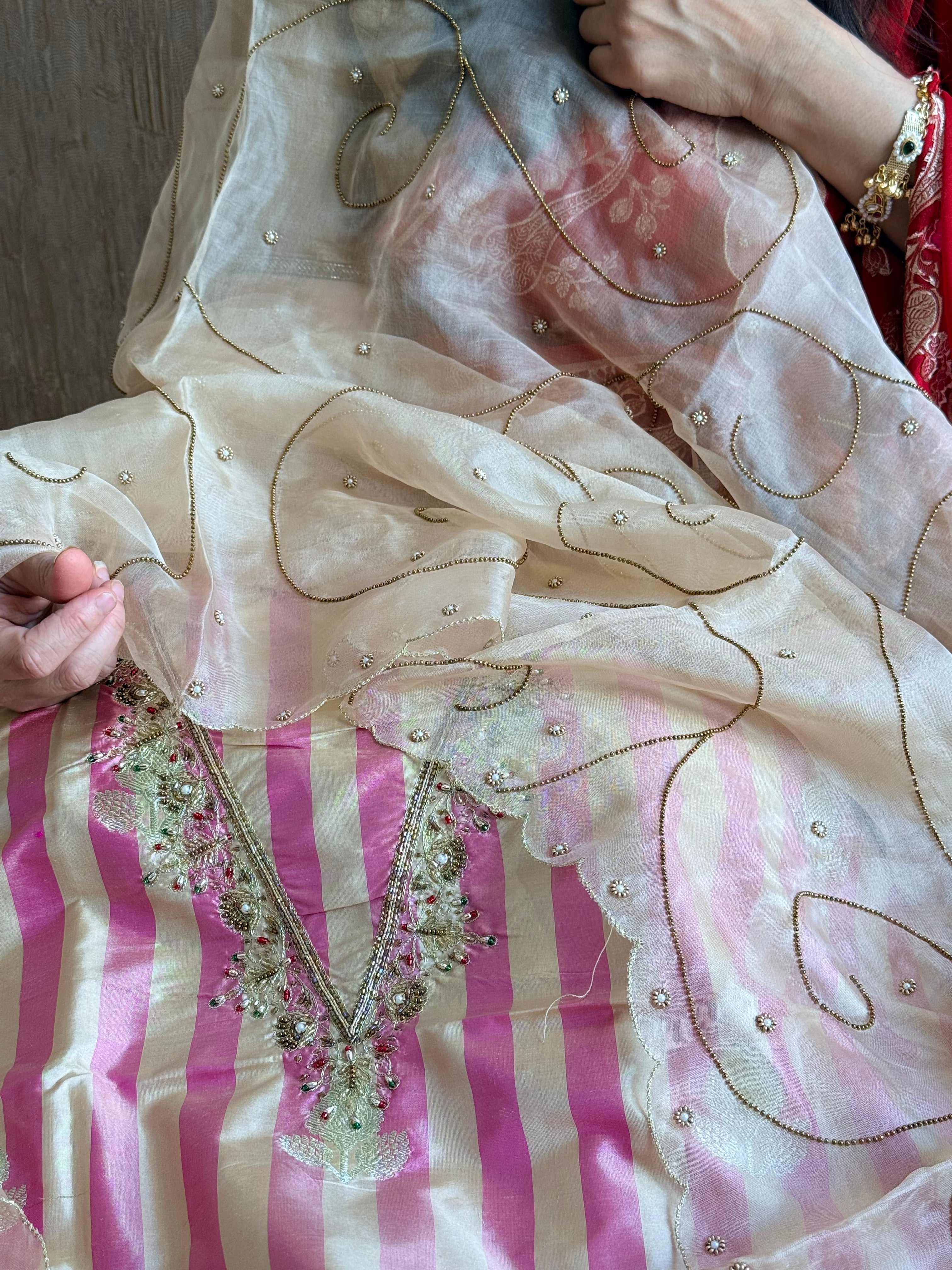 Katan silk kadhwa striped hand embroidered dhup chao effect suit set