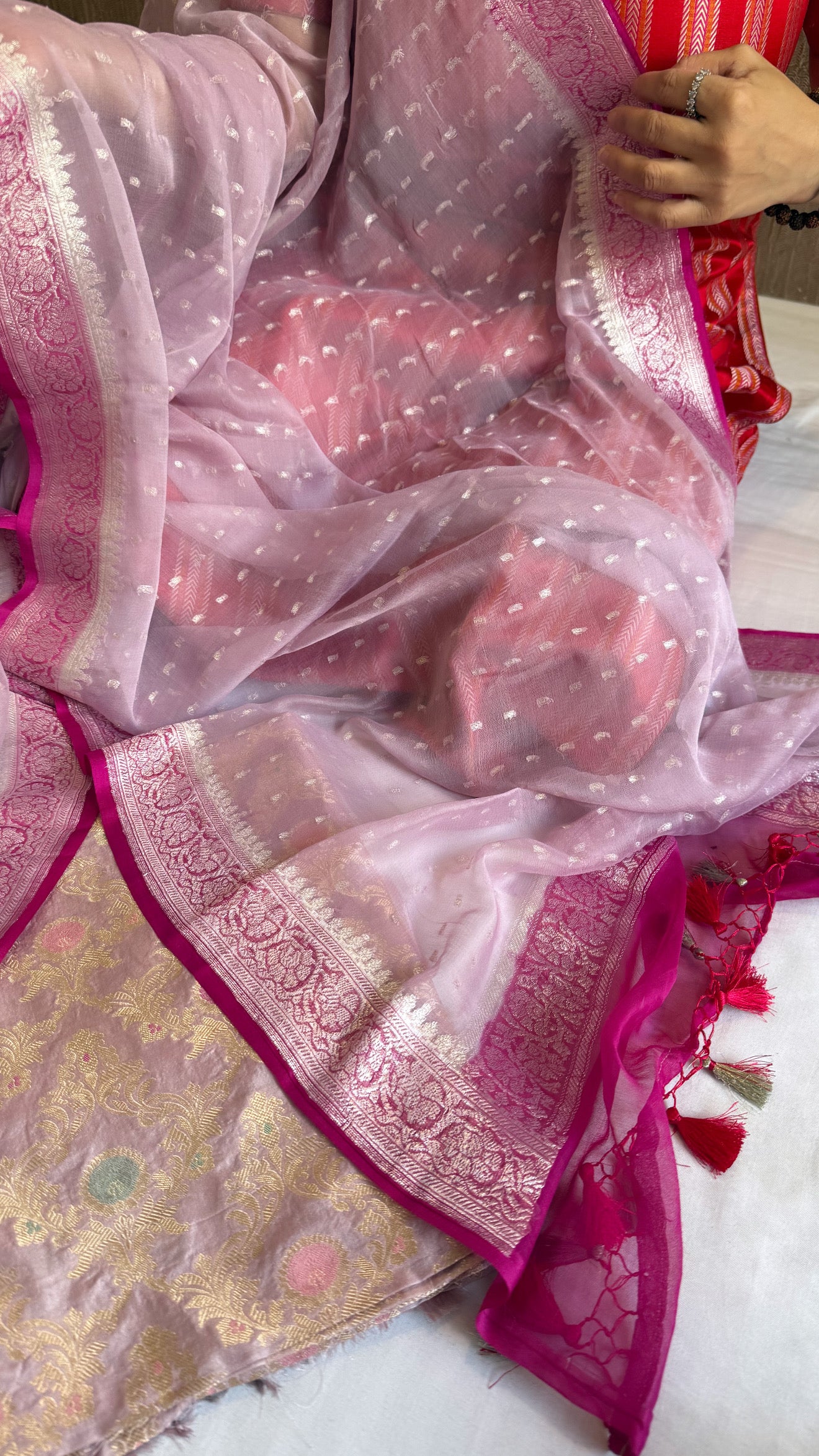 Blush pink - Hot pink katan silk kadhwa jaal kurta paired with chap dye chiffon gorgette duppata set