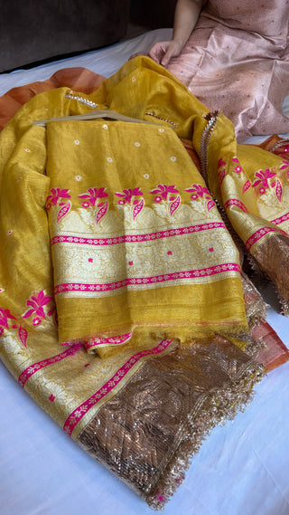 Haldi yellow linen tissue silk suit set