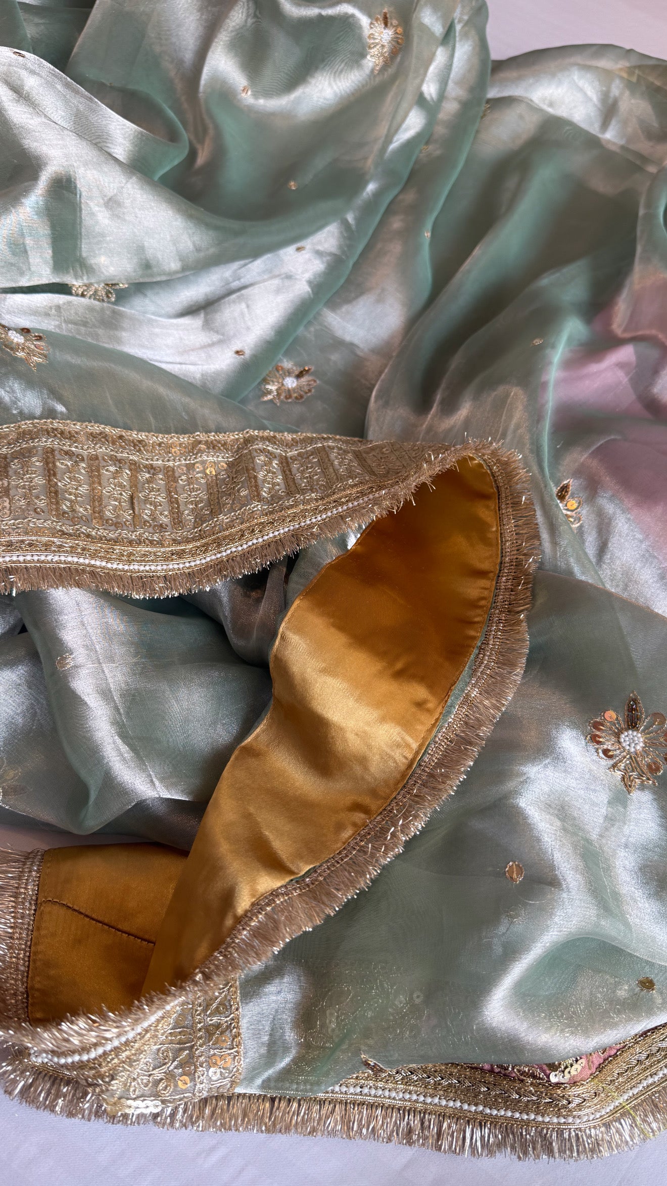 Hina khan inspired sage-green blush pink hand embroidered kadhwa tissue saree