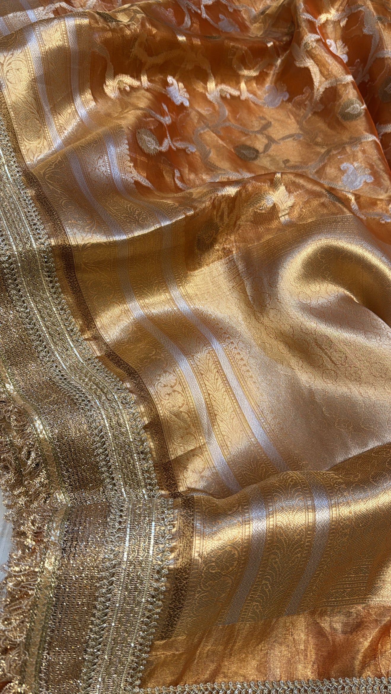 Fanta orange tissue silk kadhwa jungla meenakari tissue silk saree