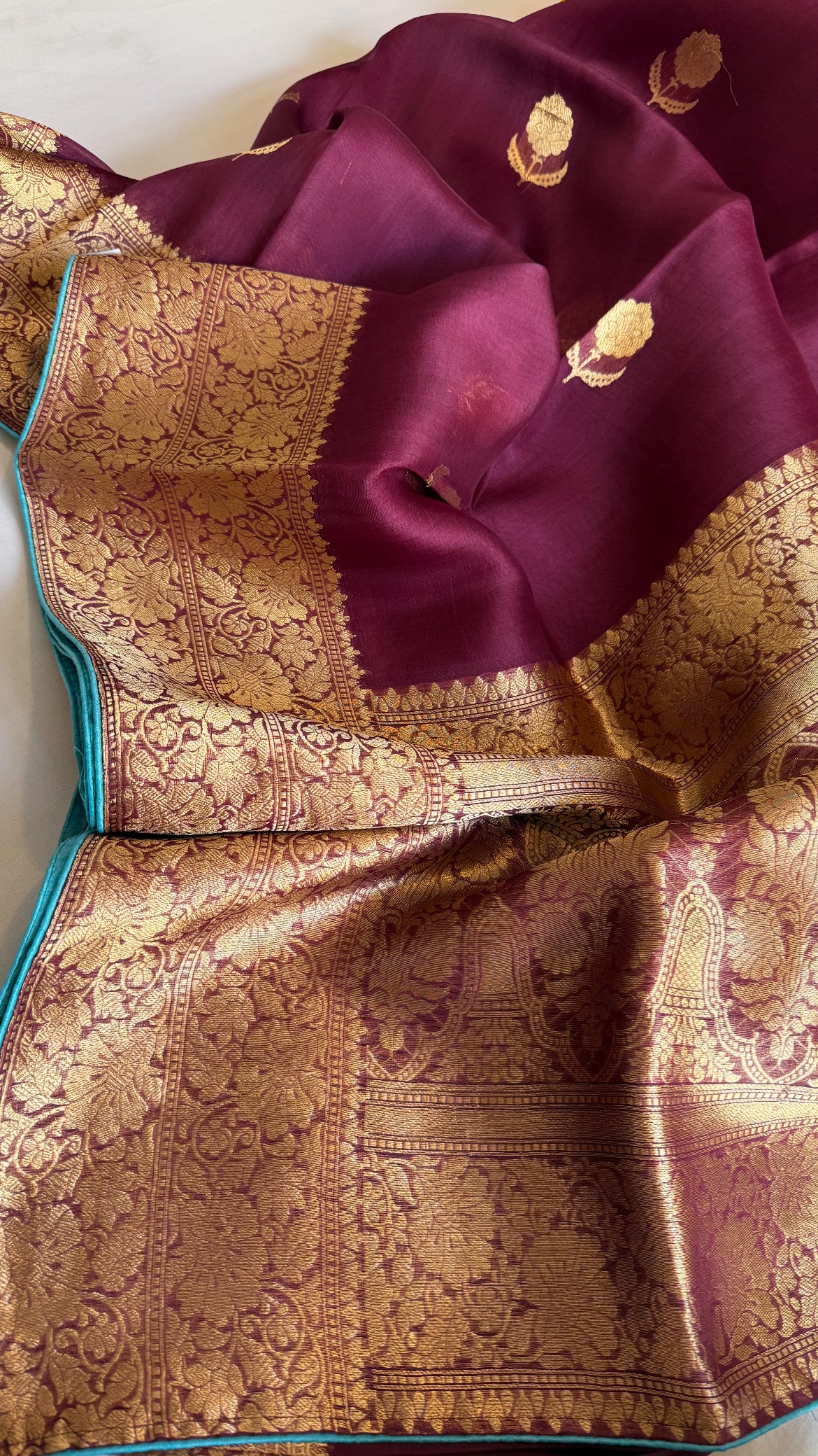 Deep plum kora silk banarasi kadhwa border saree