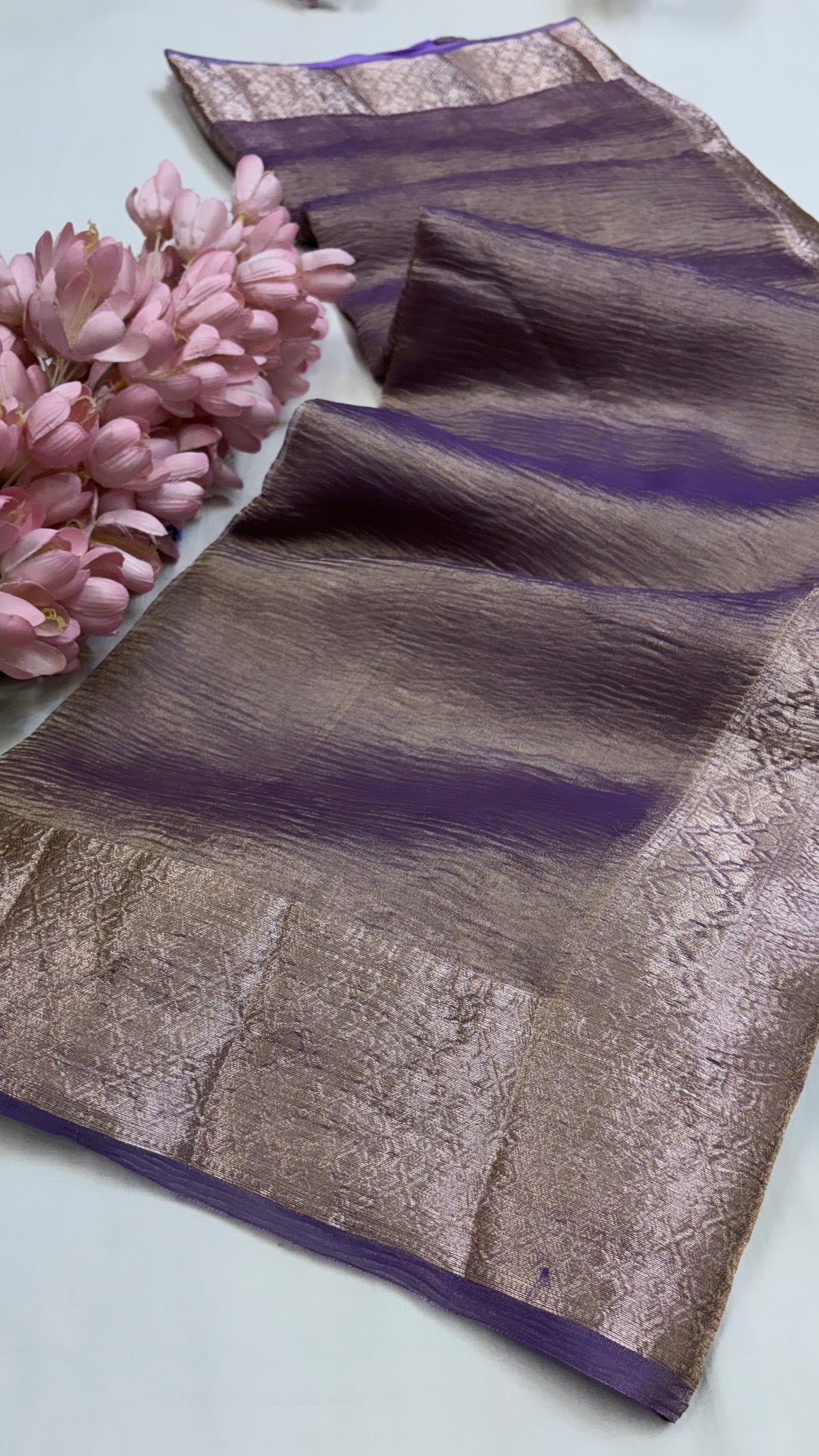 Pure banarasi bright lavender crushed tissue silk handwoven kadhwa saree with intricate border and kadhwa blouse