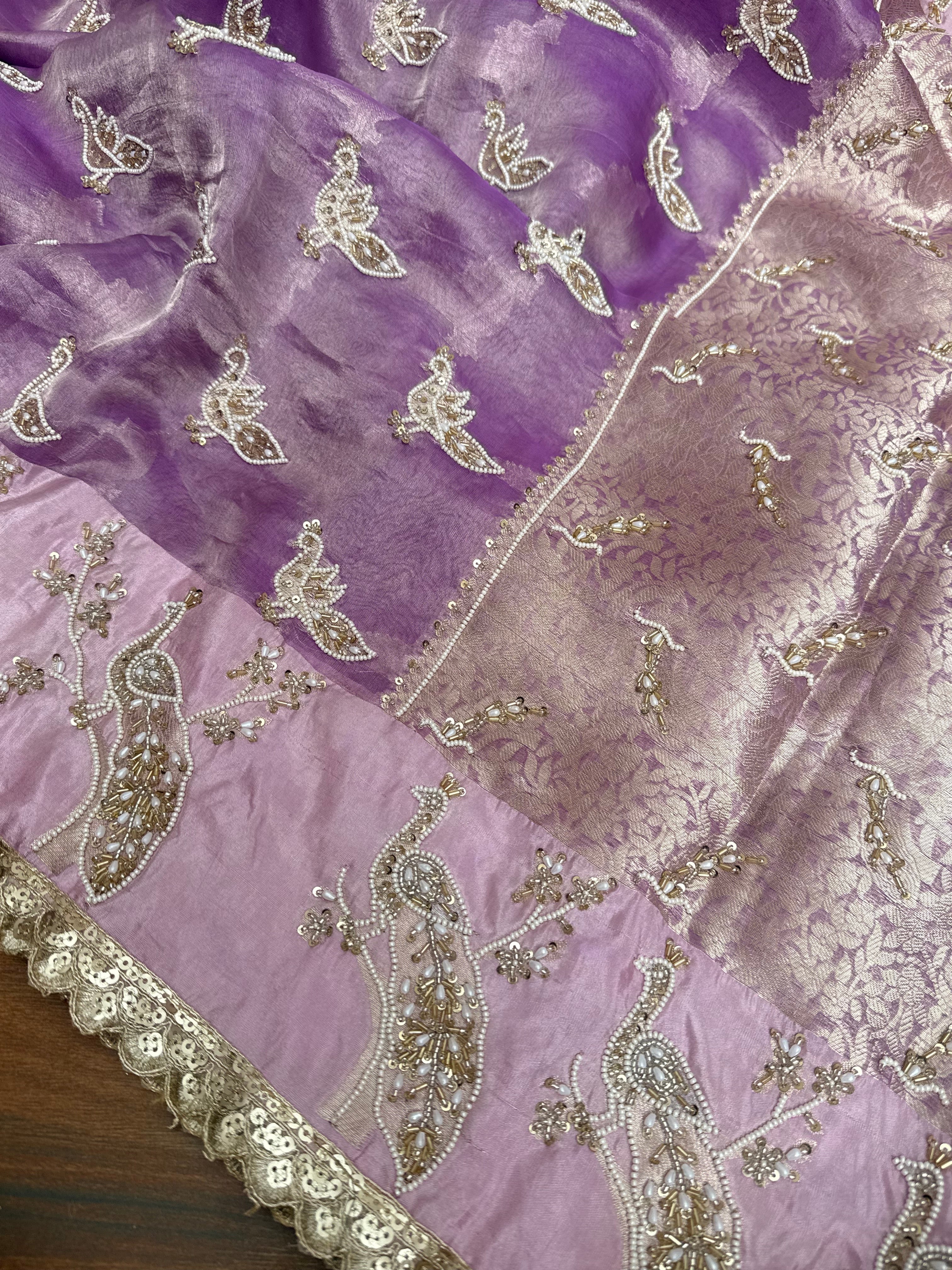 Tyohaar edit - Pearlwork morni hand embroidered tissue silk kadhwa saree