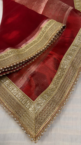 Maharani metallic ruby red tissue silk kadhwa saree