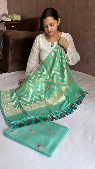 Sea green moonga silk meenedar kadhwa chevron duppata suit set