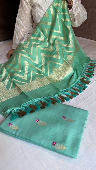 Sea green moonga silk meenedar kadhwa chevron duppata suit set