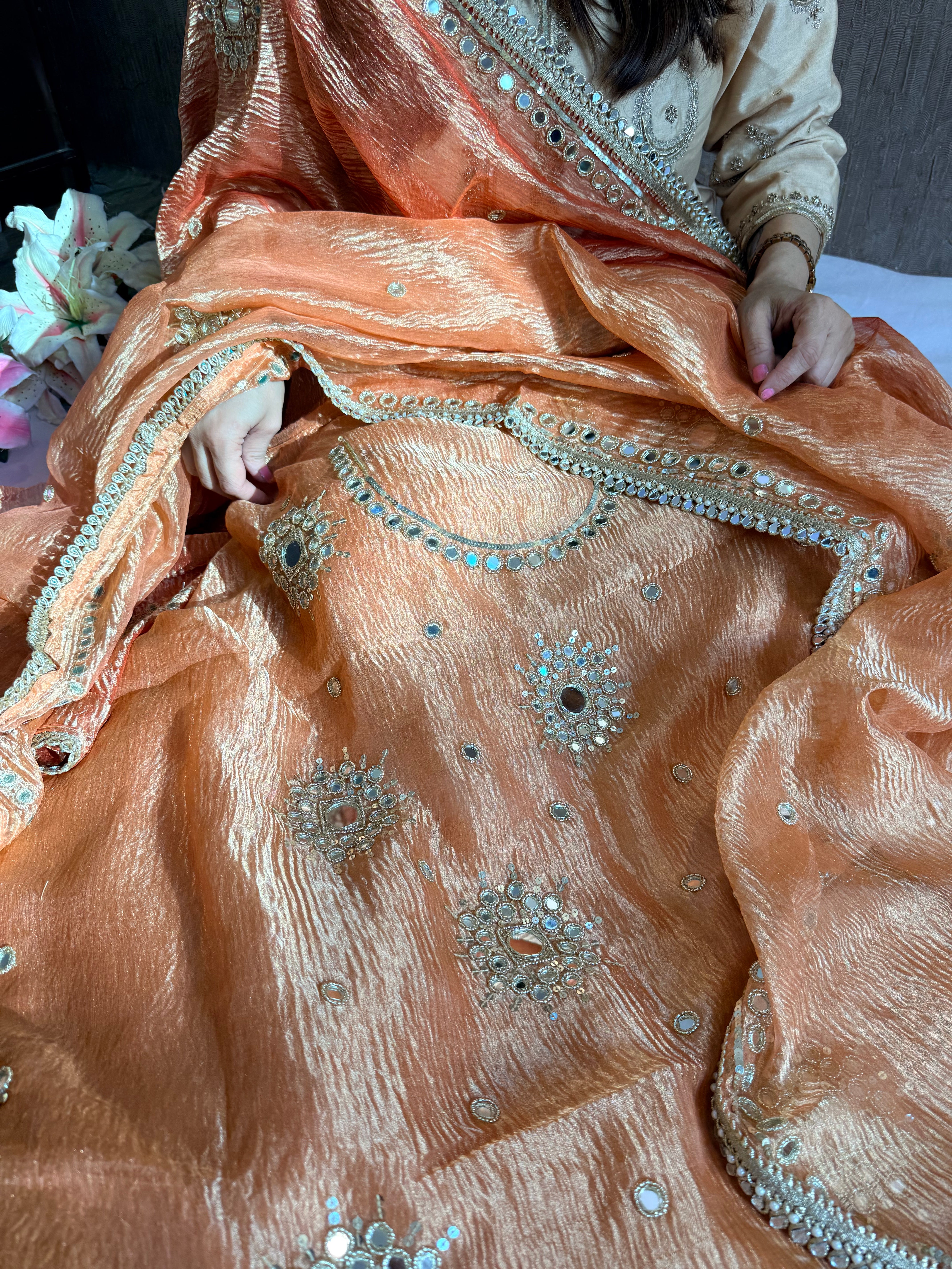 Banarasi tissue silk mirrorwork hand embroidered crushed suit sets