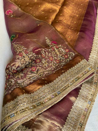 Mughal motif inspired- Lavender husn tissue silk heavy hand embroidered saree