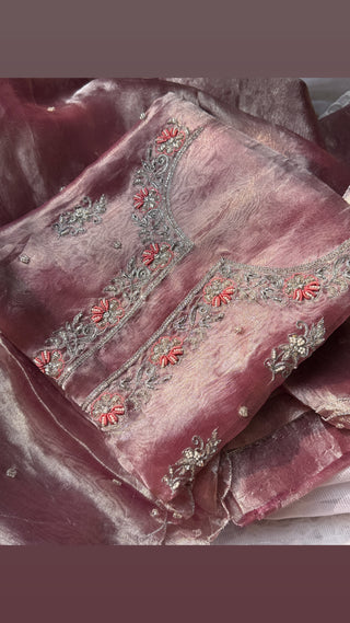 Blush pink diamond tissue silk hand embroidered suit set