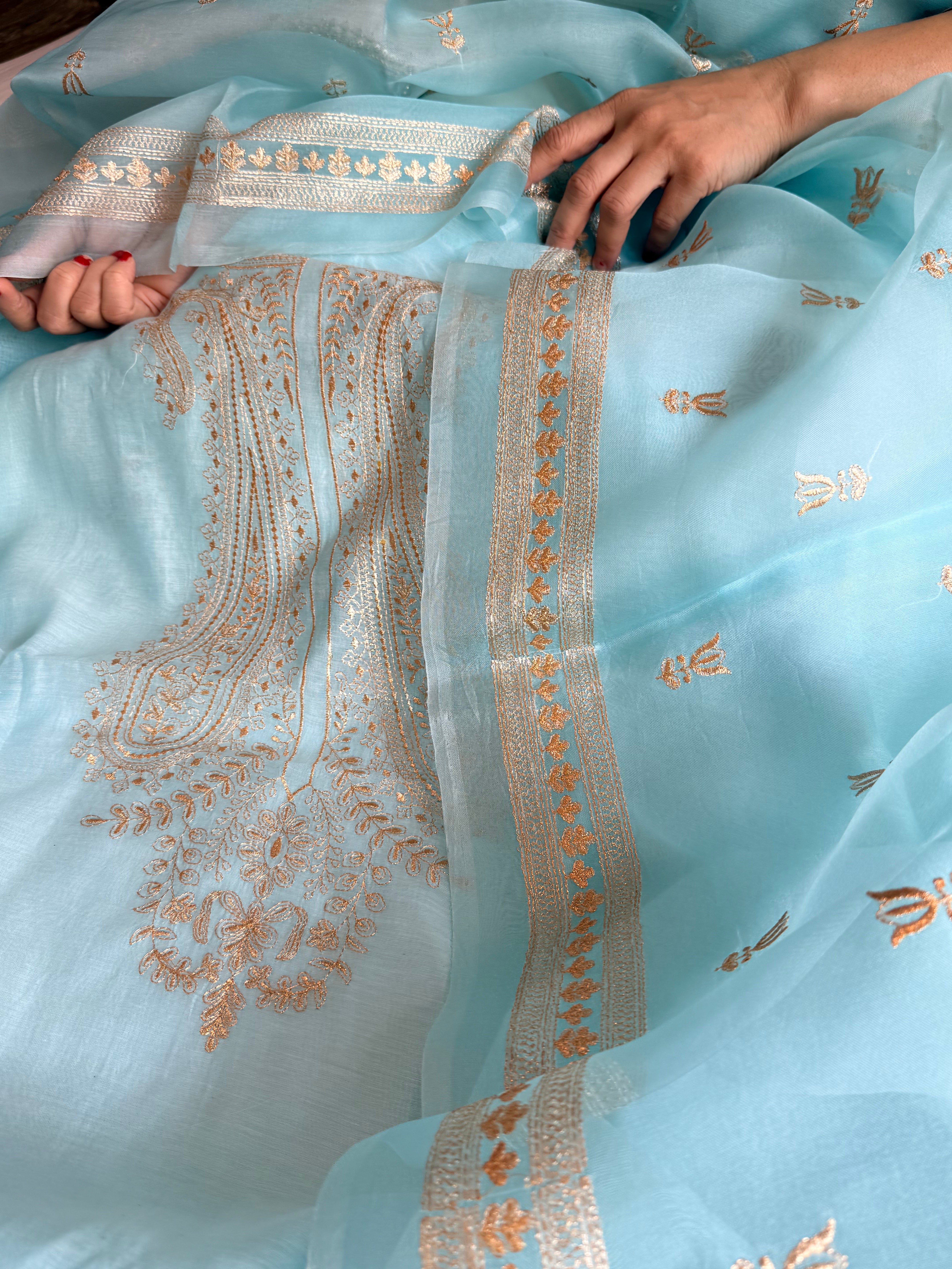 Mul cotton aariwork hand embroidered banarasi suit set
