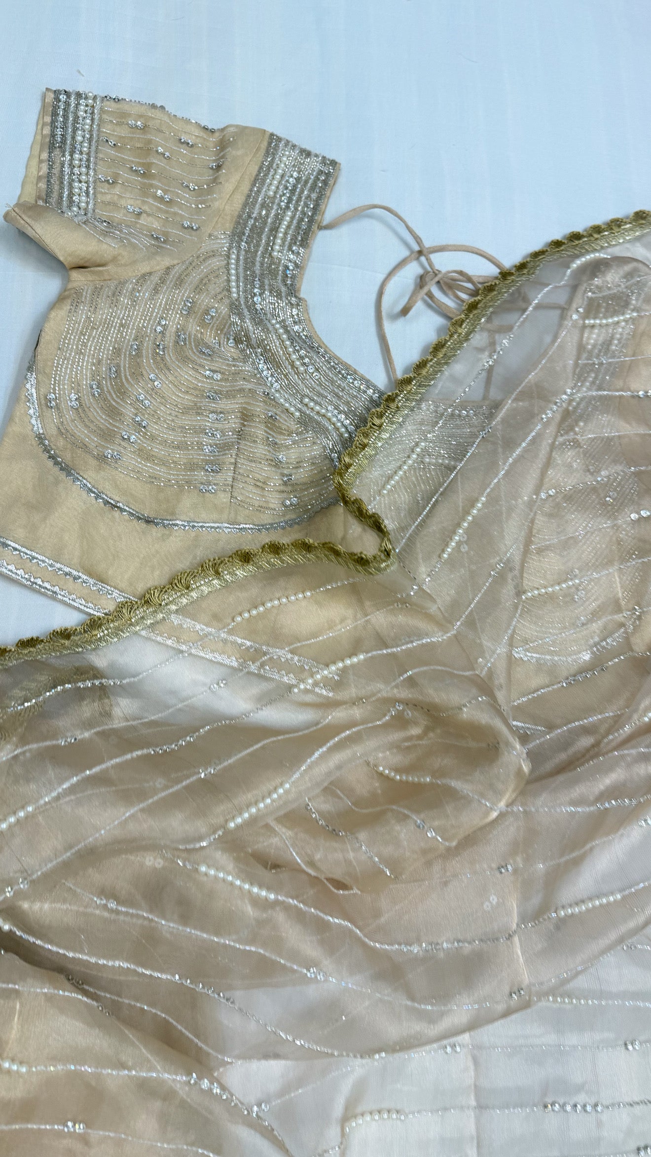 Suhana khan inspired golden pearl work heavy hand embroidered tissue silk saree