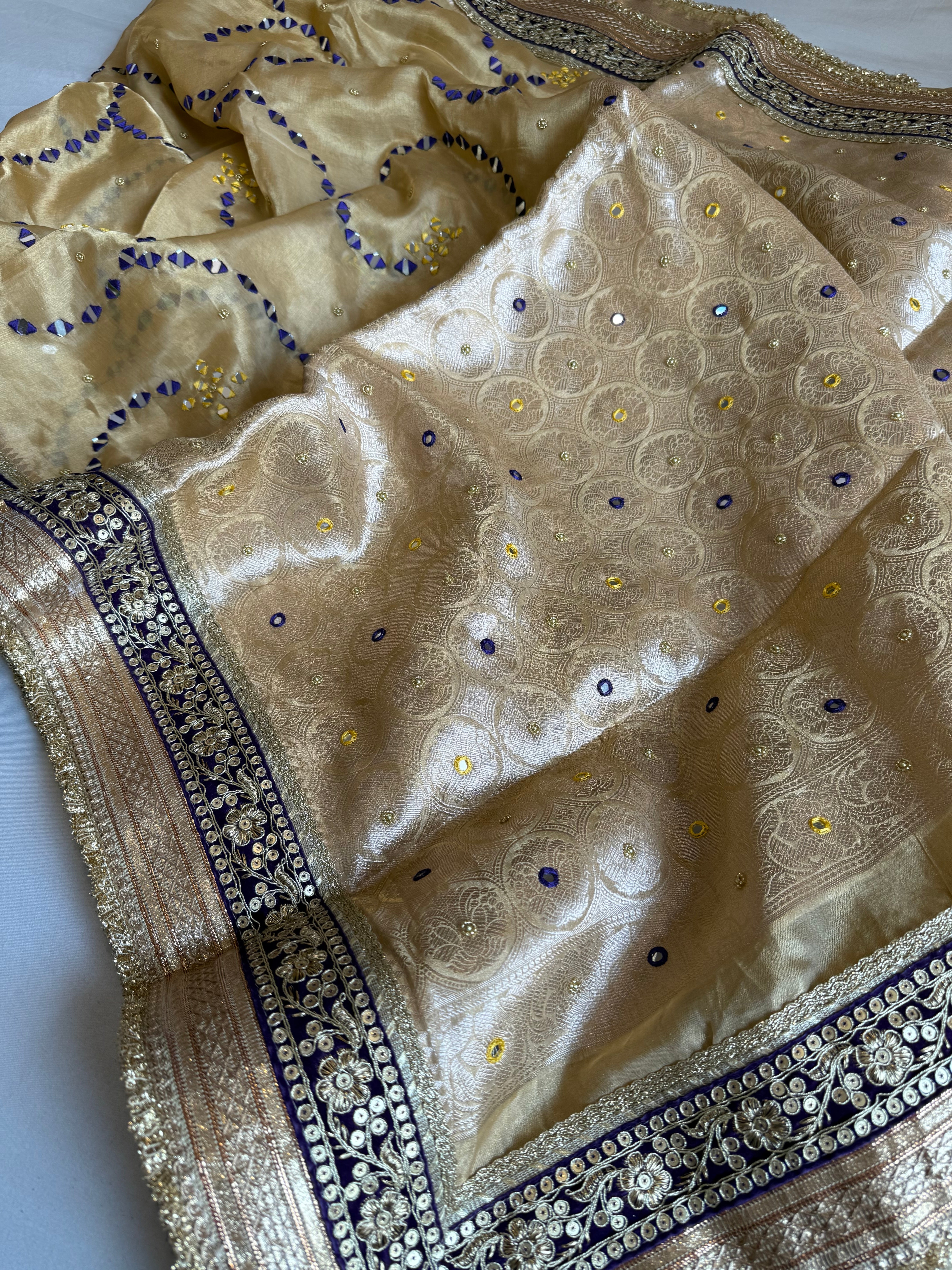 Sheesham edit - Heavy double tissue silk mirror work heavy hand embroidered saree