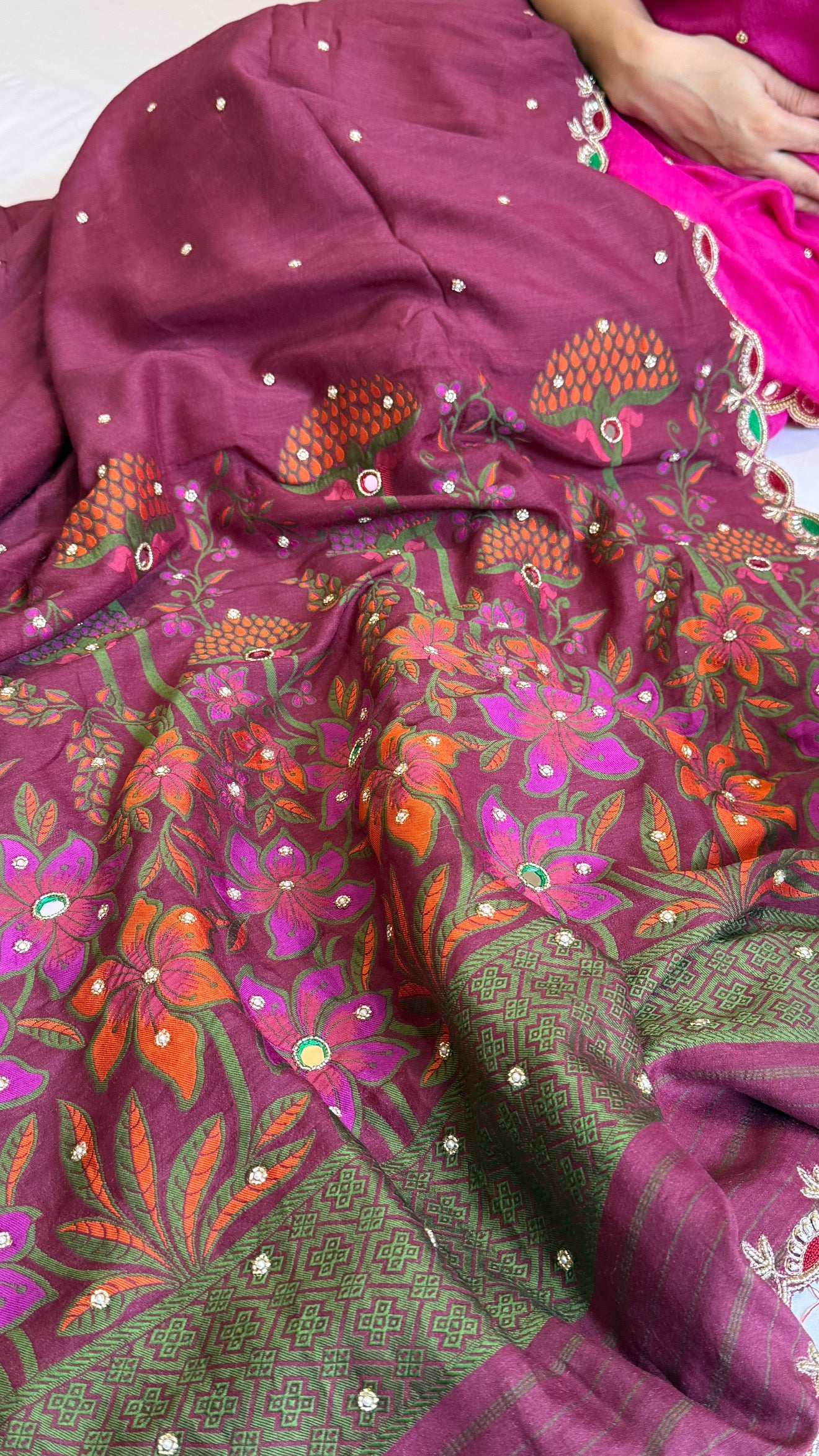 Moonga silk onion pink meenakari hand embroidered saree