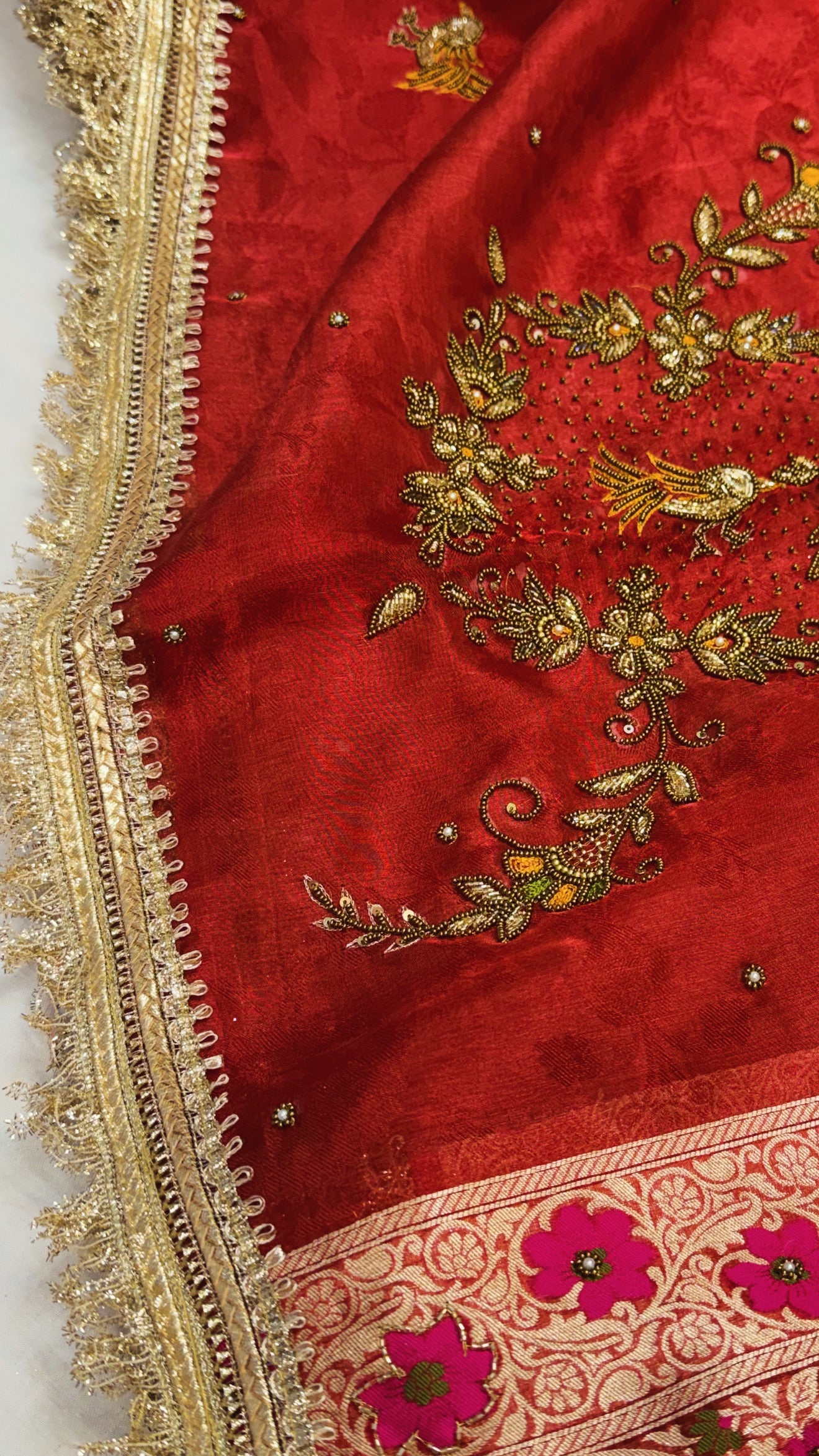 Karwachauth special - Tomato red tissue silk bird motif hand embroidered saree