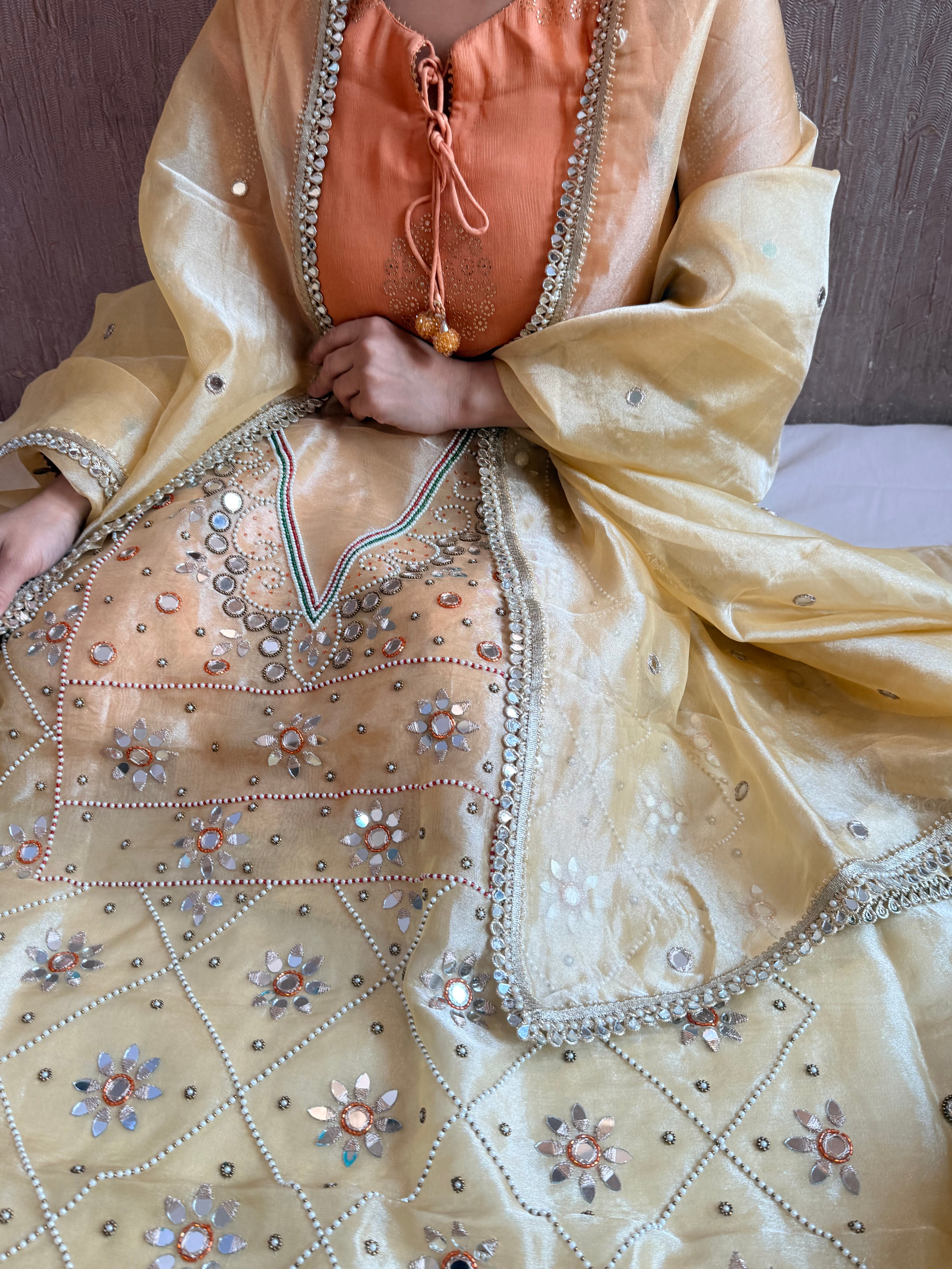 Sheeshmahal suit - Lime yellow tissue silk mirror work hand embroidered suit set