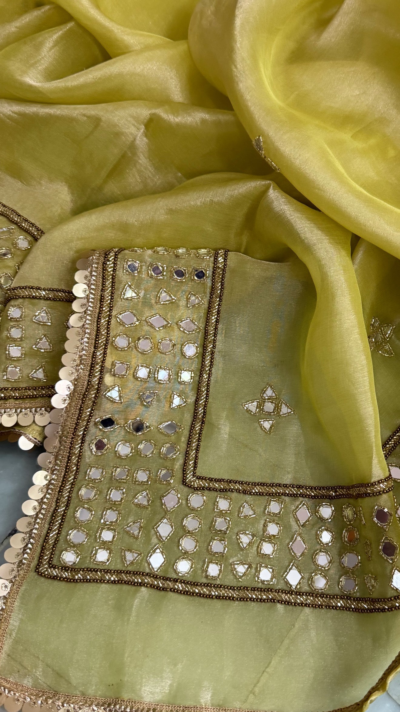 Engagement wali saree - Lime green mirror work hand embroidered kadhwa saree