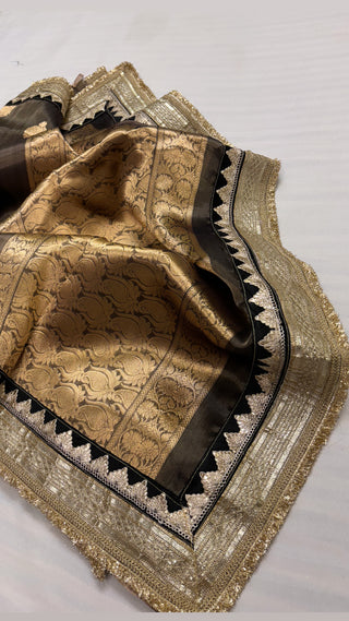 Maharani metallic grey tissue silk kadhwa buti saree