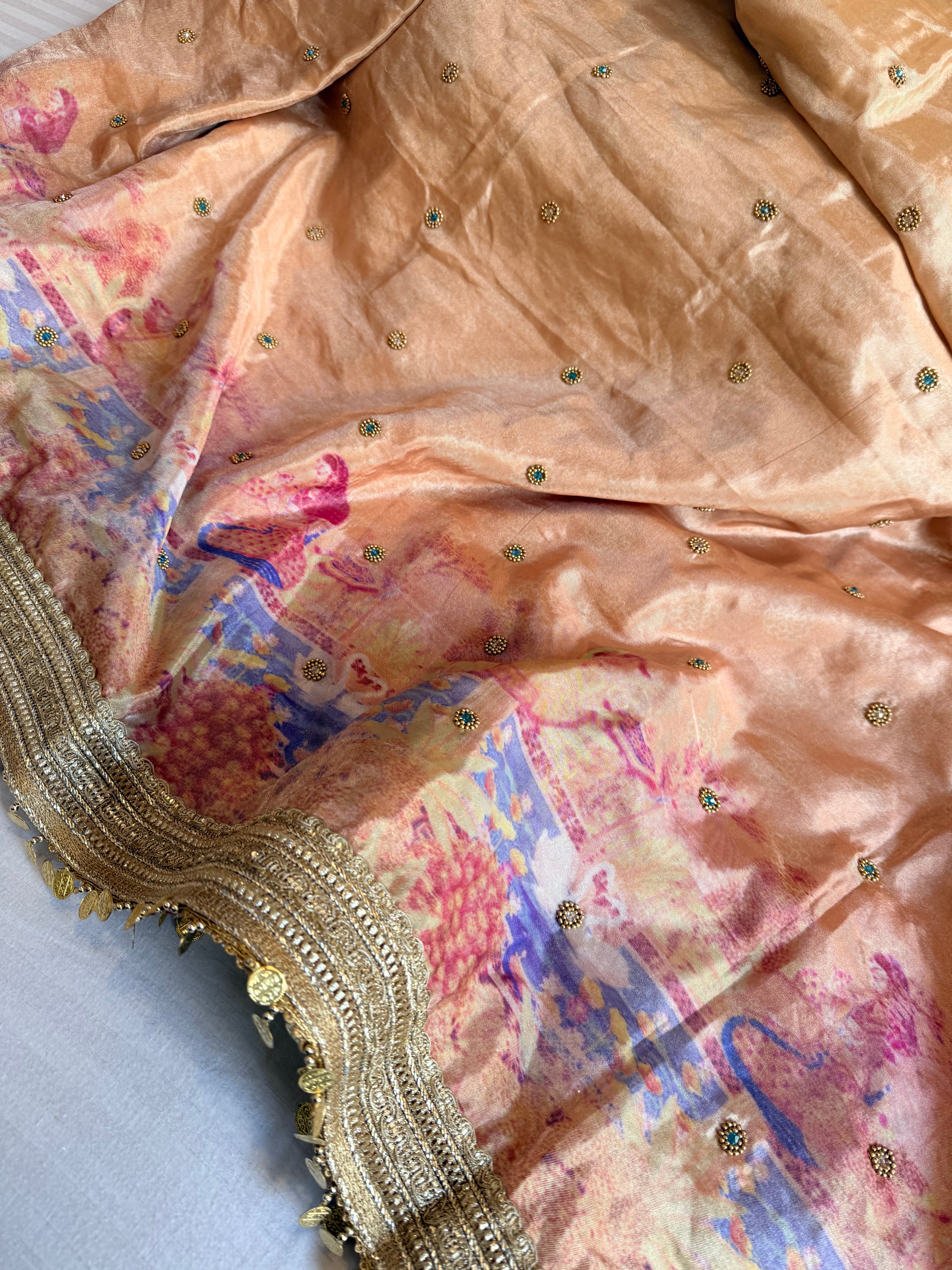 Printed tissue silk hand embroidered kadhwa gotapatti saree
