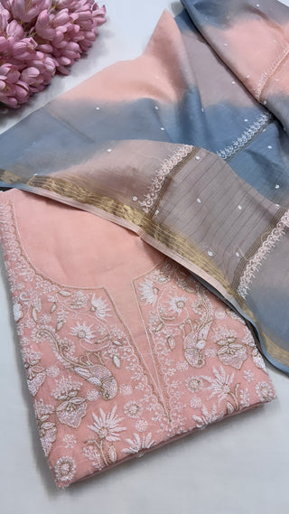 Pure Banarasi handloom premium cotton kadhwa lucknowi chikankari hand embroidered suit set with intricately hand embroidered motifs and ombre shaded duppata set