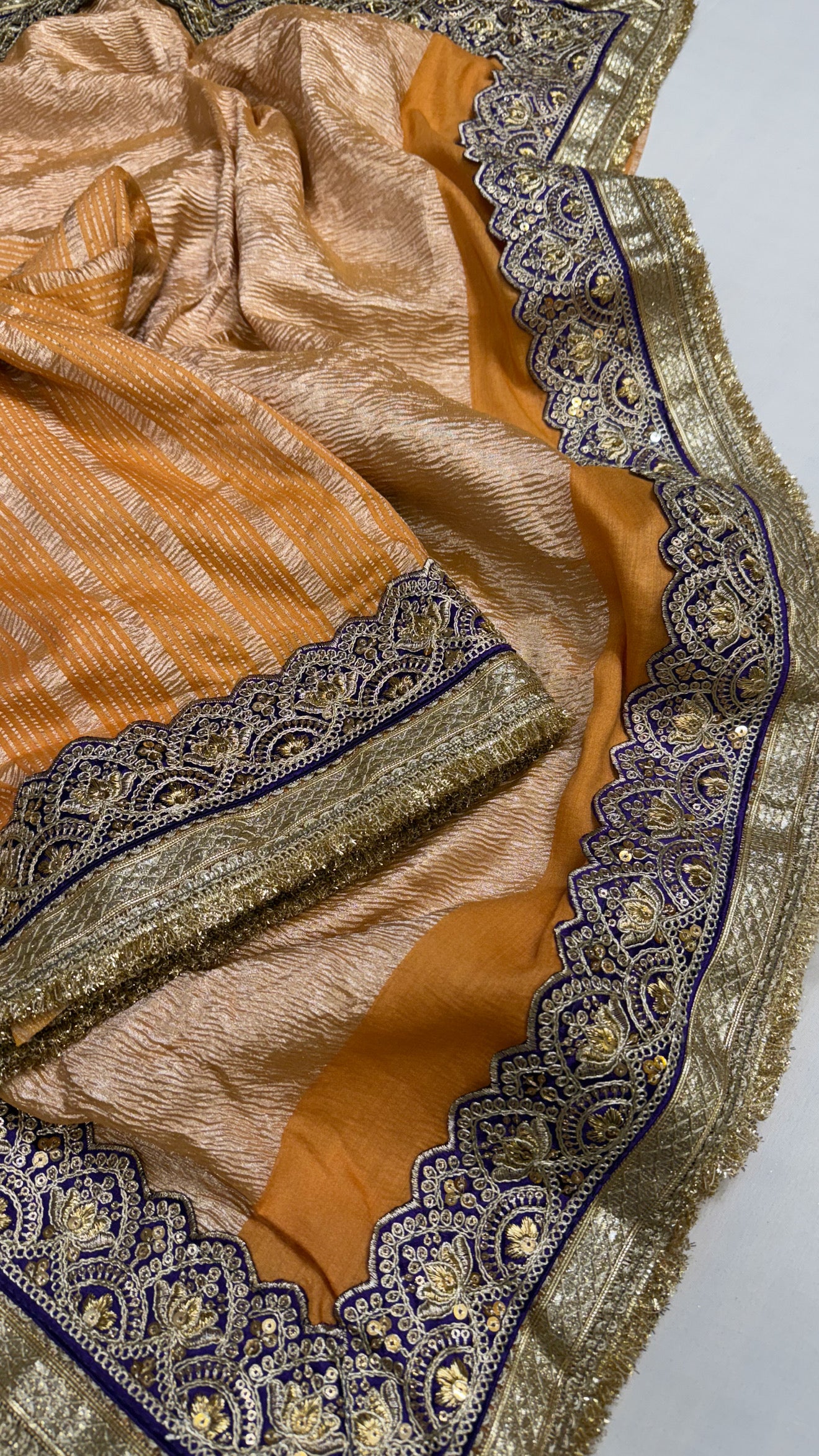 Moonga crushed tissue silk fanta orange tissue silk sares