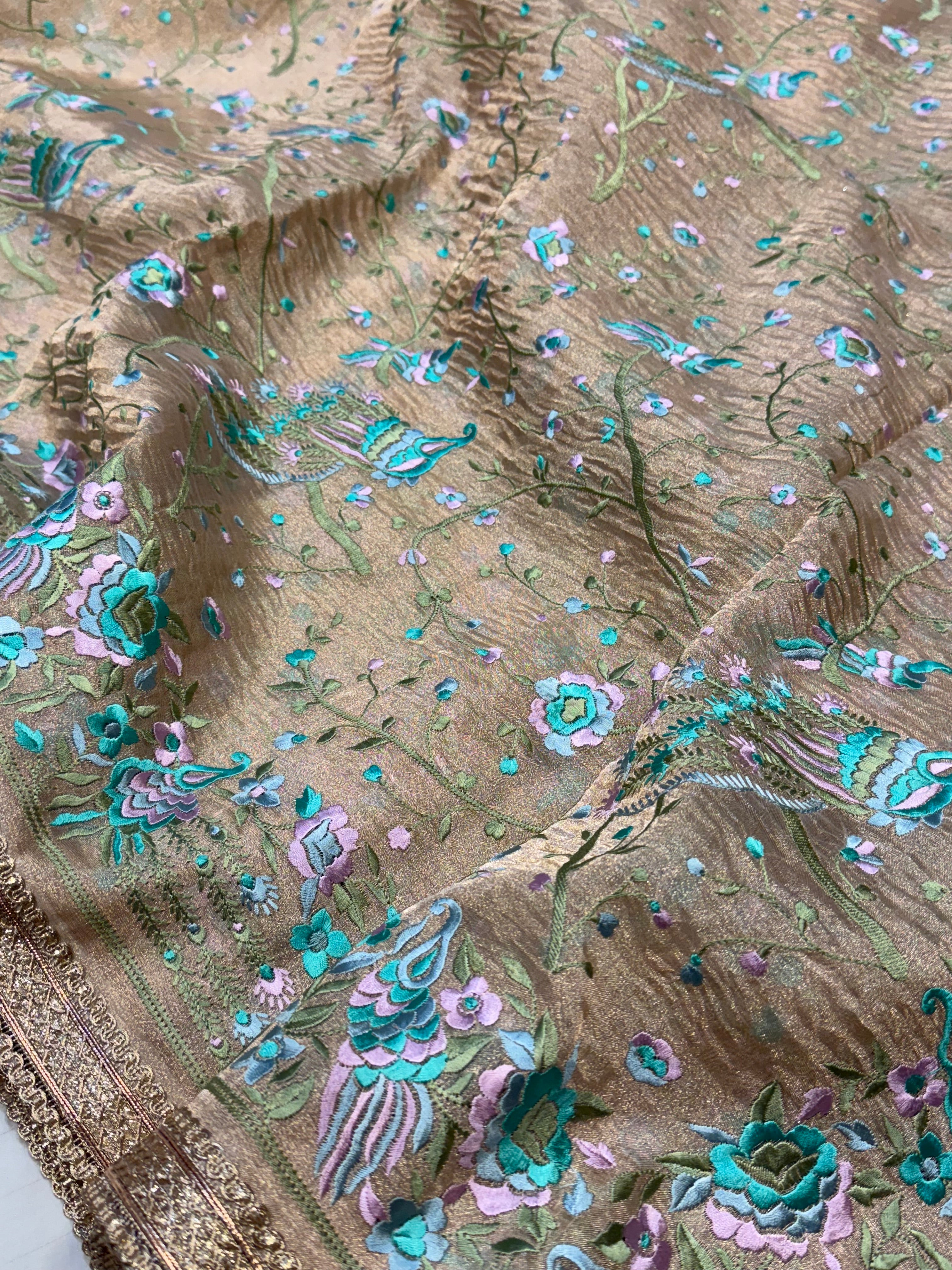 “Parsi gara” inspired tissue silk heavy resham work hand embroidered saree