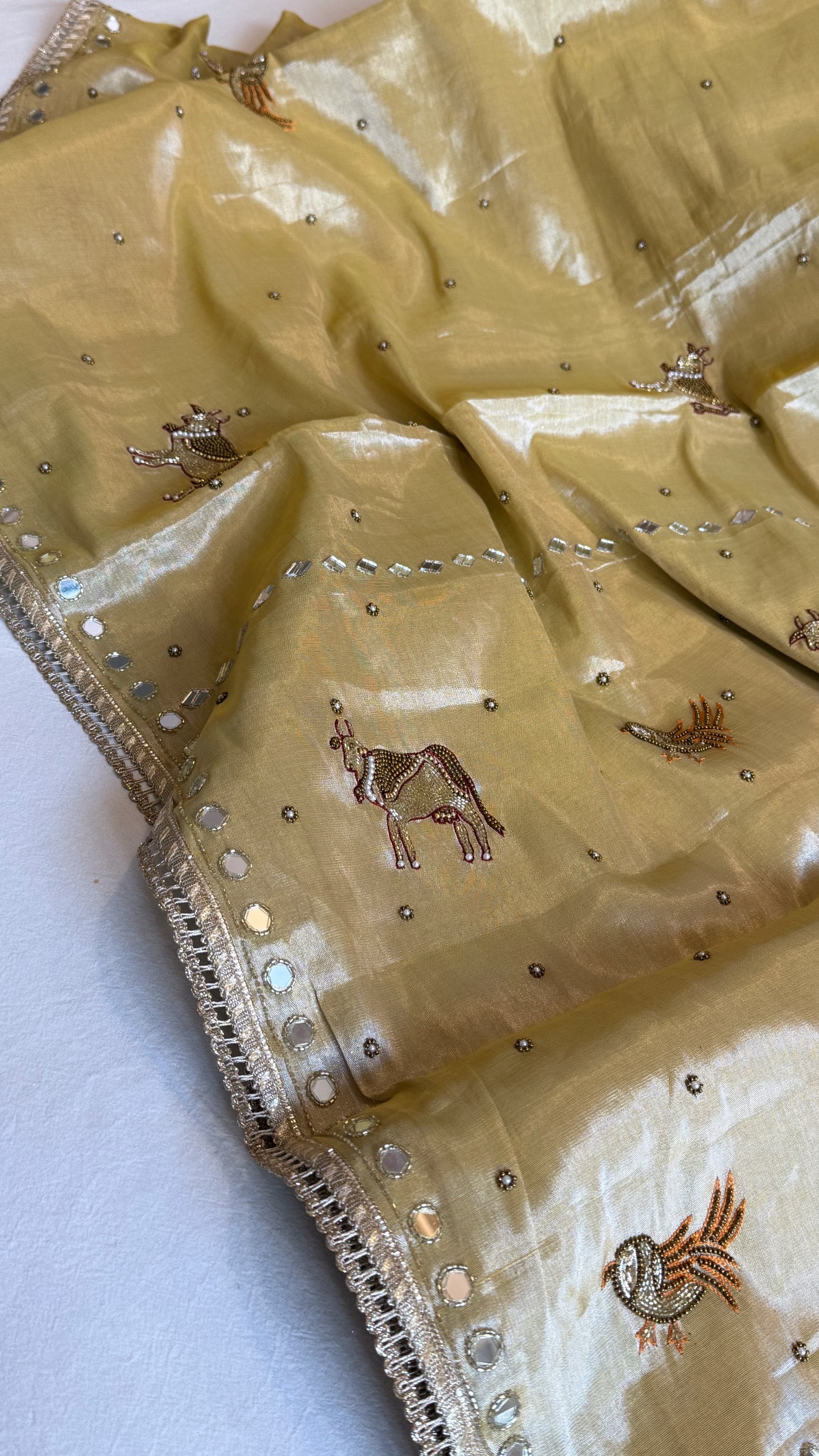 Satin tissue silk ivory gold hand embroidered kadhwa banarasi saree
