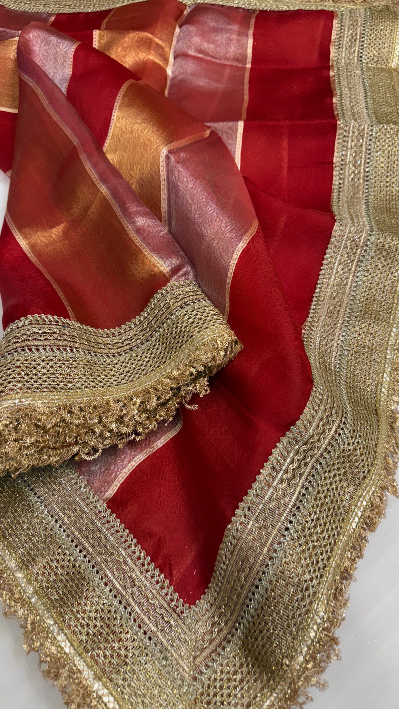 Maharani blood red tissue silk striped kadhwa saree