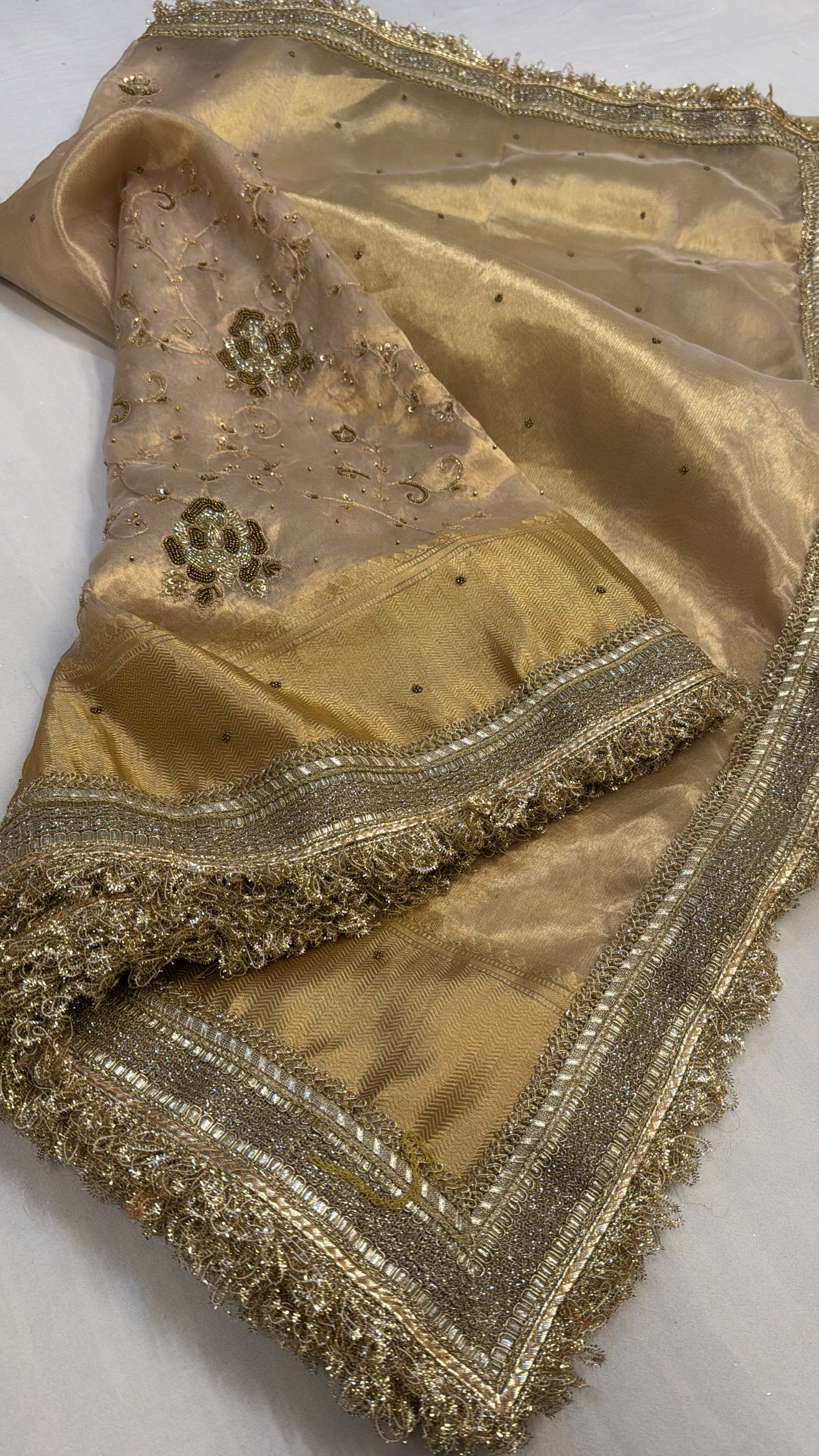 Golden tissue silk hand embroidered kadhwa saree with gotapatti work
